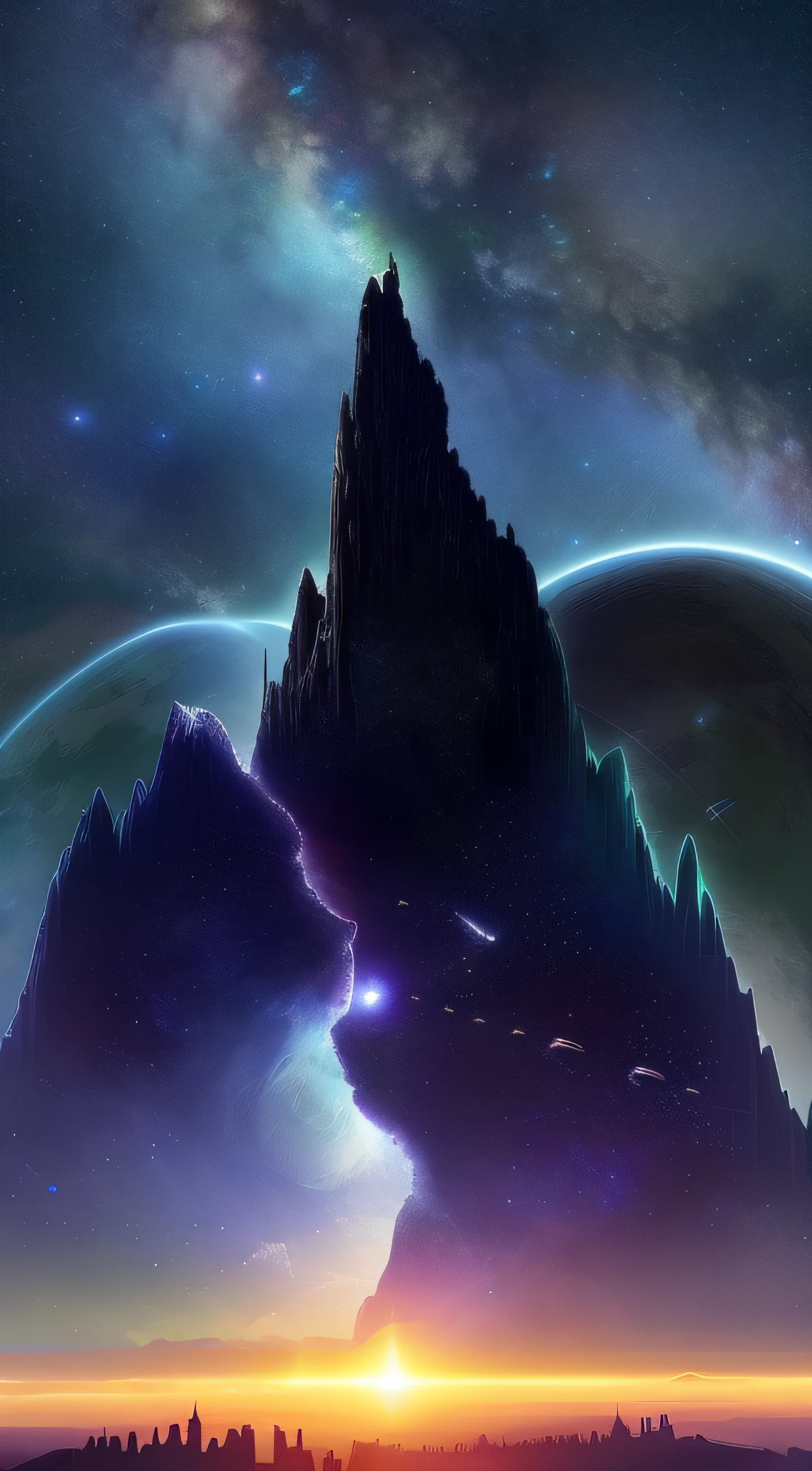 "Starry sky and distant fantasy cities and planets with towers,epic fantasy sci fi illustration,fantasy planet,arstation and beeple highly,Fantasy space,fantasy scifi,epic scifi fantasy art,epic dreamlike fantasy landscape,ethereal starlit city at sunset,impressive fantasy landscape,Sci-fi fantasy wallpaper,epic beautiful space scifi,Fantasy sci-fi - fantasy"