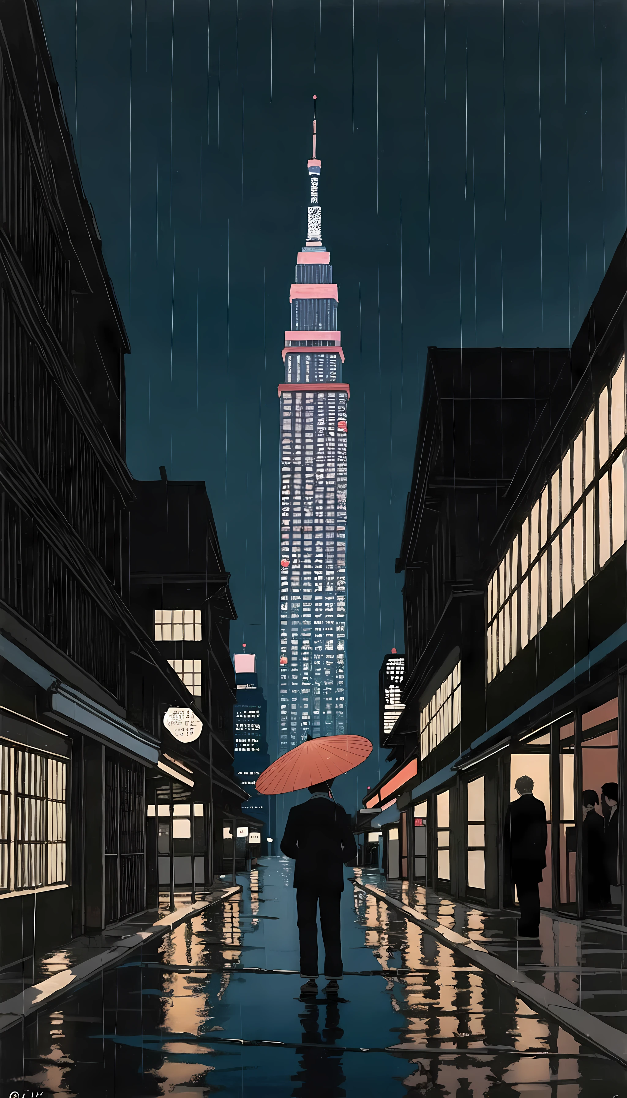 ukiyo-e, a rainy day painting of a figure standing alone under an umbrella gazing up at the crowded walkways of floating skyscrapers lit with artificial starlight, 
official art, Best quality, masterpiece,