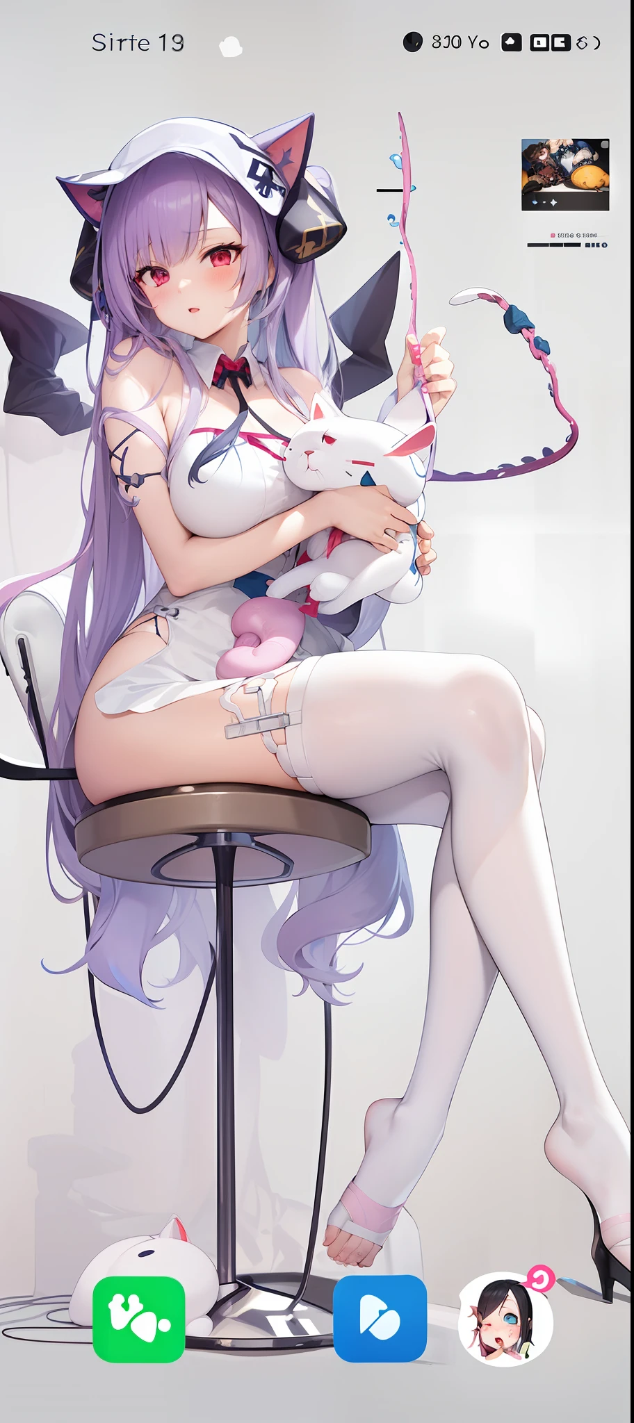 Anime girl sitting in chair，There is a cat on his lap, Guviz, anime figure; Full-body art, ahegao, Fine details. Girl Front, seductive anime girls, from girls frontline, Fine details. Anime. Tentacles, Smooth anime CG art, reisen udongein inaba, Guviz-style artwork