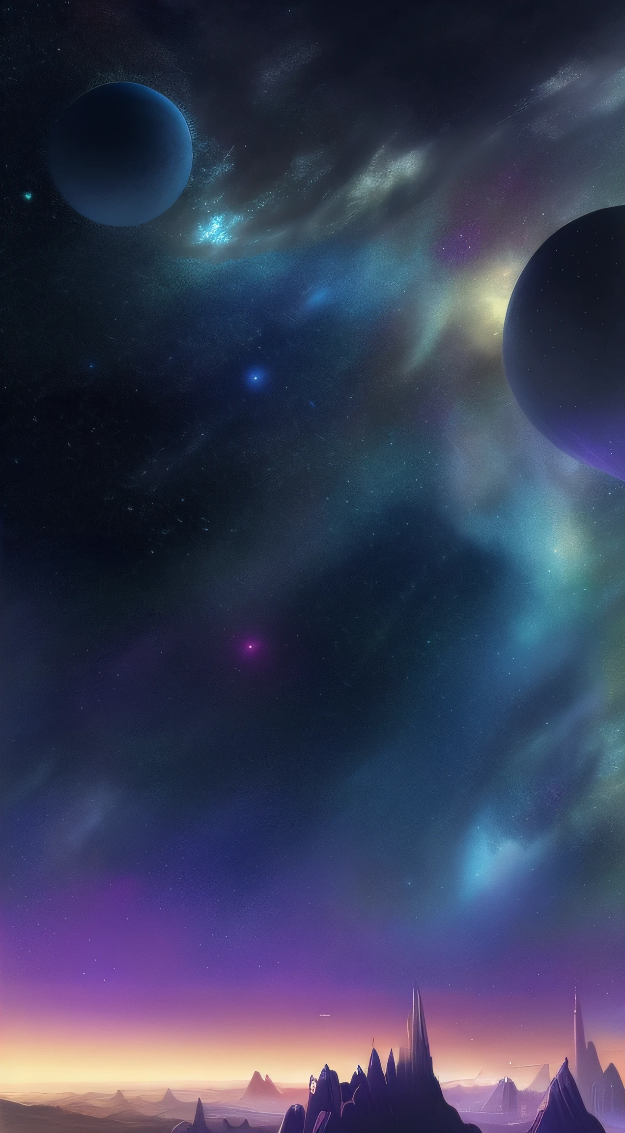 "Starry sky and distant fantasy cities and planets with towers，epic fantasy sci fi illustration，fantasy planet，arstation and beeple highly，Fantasy space，fantasy scifi，epic scifi fantasy art，epic dreamlike fantasy landscape，ethereal starlit city at sunset，impressive fantasy landscape，Sci-fi fantasy wallpaper，epic beautiful space scifi，Fantasy sci-fi - fantasy"