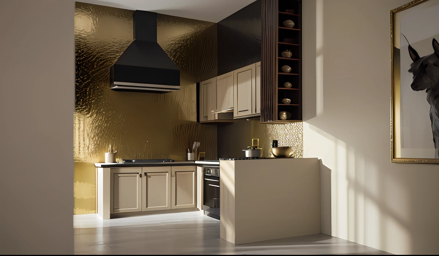 Royal style kitchen room, luxurious cowhide chair set, decorative wallpaper, some luxurious gilded details, wood paneled ceiling, realistic lighting, EU5, beautiful render, Top quality, Masterpiece, render room high quality client, best quality, 8k, interior architecture, neoclassical, macro photo, f/2.8, cannon, 20mm, first-person view, (cinematic lighting)