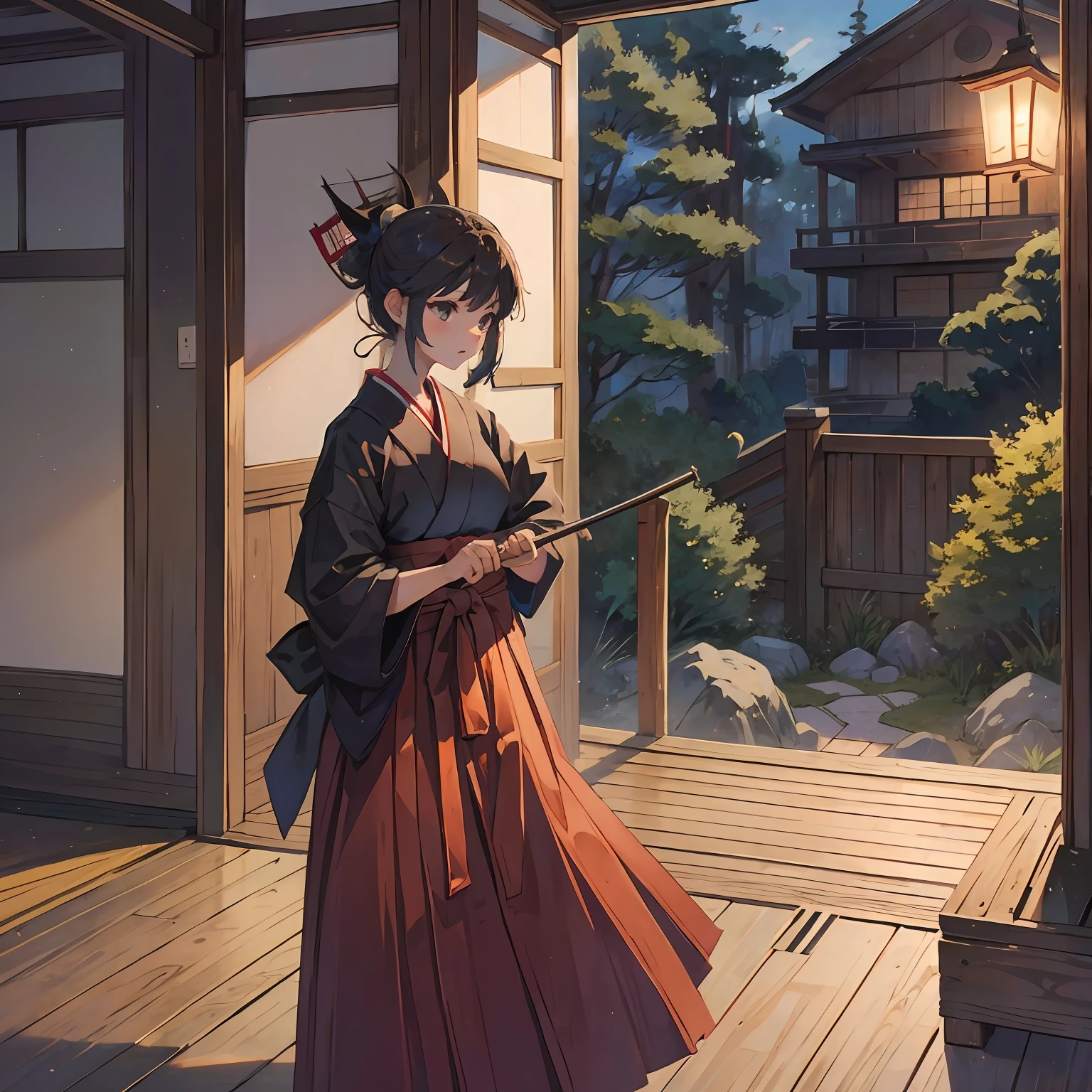 illustratio、Kyudo、girl with、hakama、early evening --auto