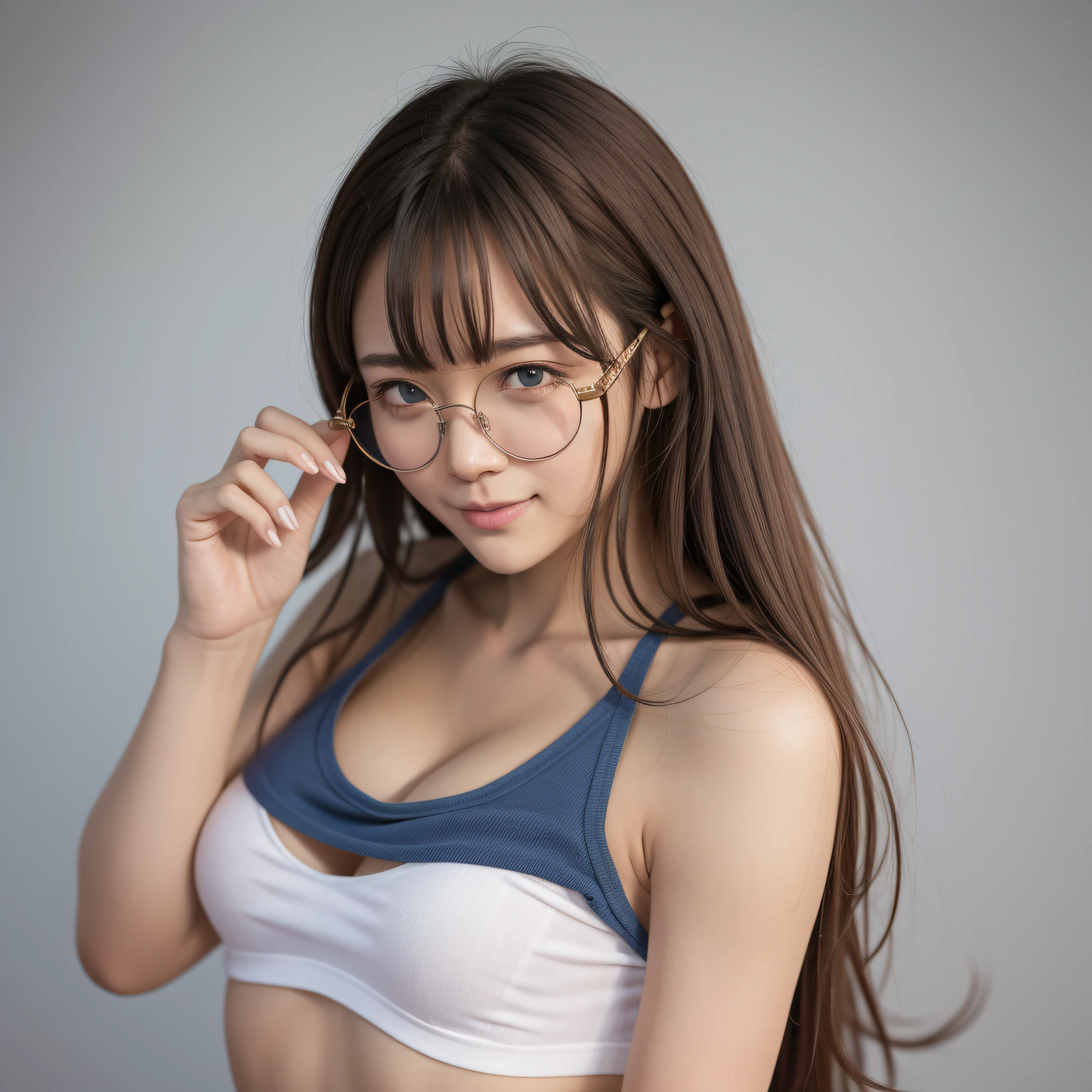 solo, Brunette hair, 1girl, BLUE eyes, female focus, white tanktop, lowcut tanktop, simple background, smile, round eyewear, long hair, closed mouth, heavy breasted, sexy