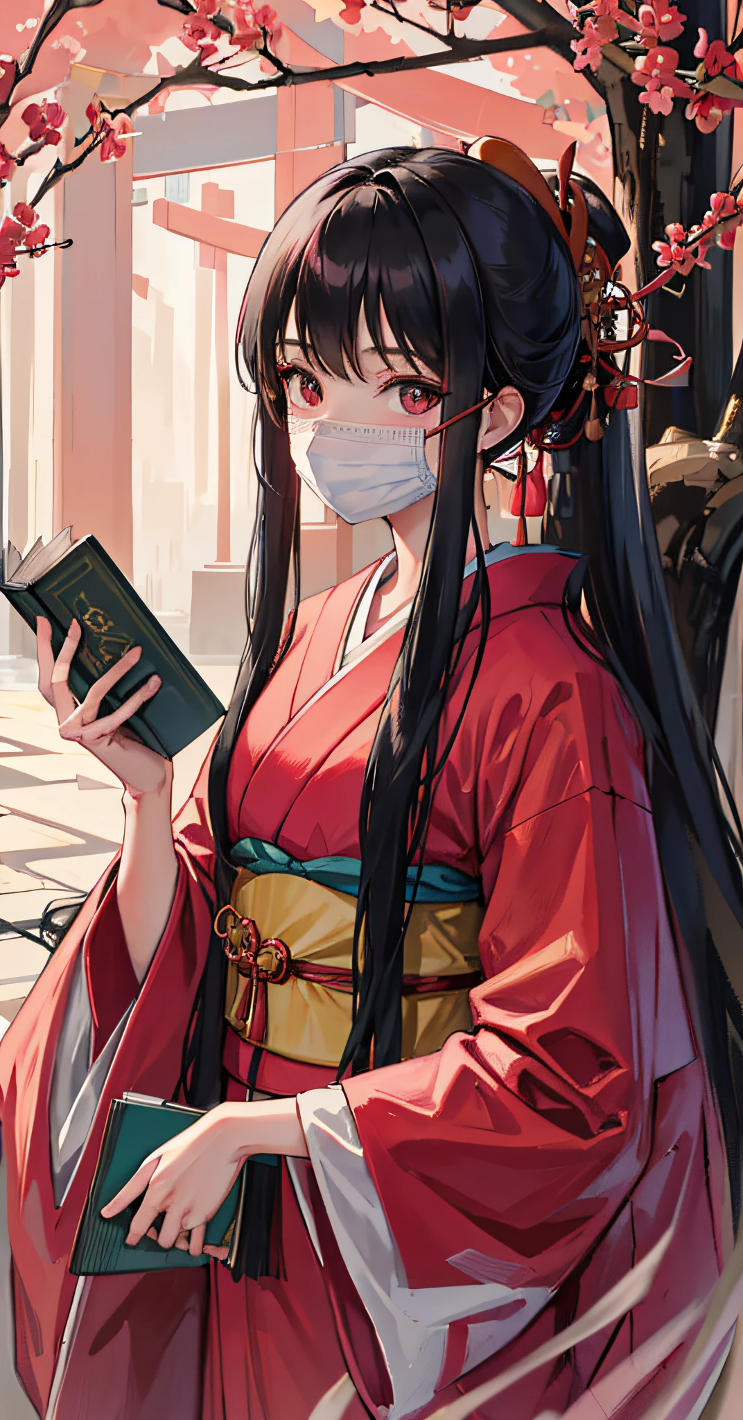 , natural light, beautiful,black hair, , surgical_mask, 1girl, long_hair, kimono,, japanese_clothes, book, red_kimono, solo, holding_book, , covered_mouth, pink_kimono, holding, , red_background,a woman with long hair wearing a mask and holding a book in her hand，White gloves