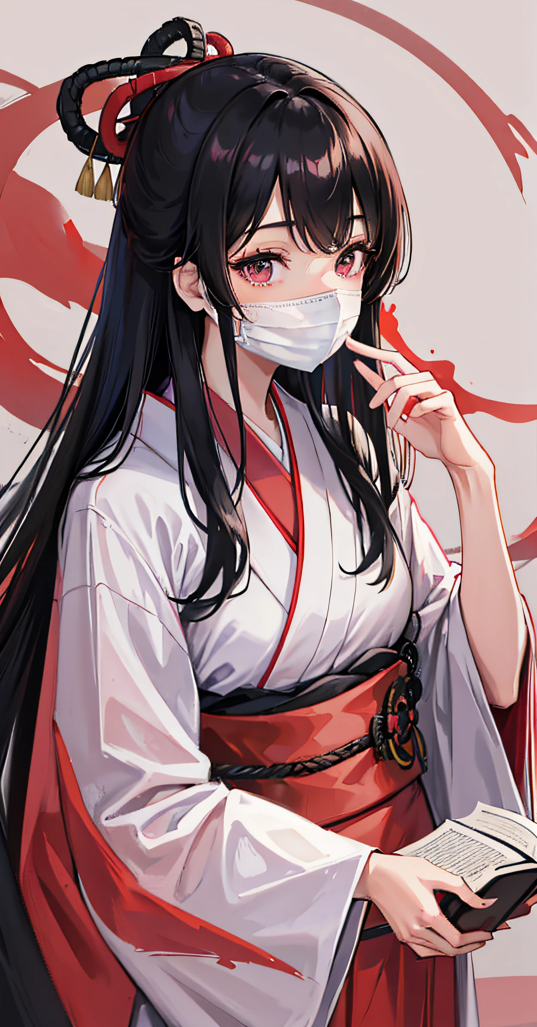 , natural light, beautiful,black hair, , surgical_mask, 1girl, long_hair, kimono,, japanese_clothes, book, red_kimono, solo, holding_book, , covered_mouth, pink_kimono, holding, , red_background,a woman with long hair wearing a mask and holding a book in her hand，White gloves