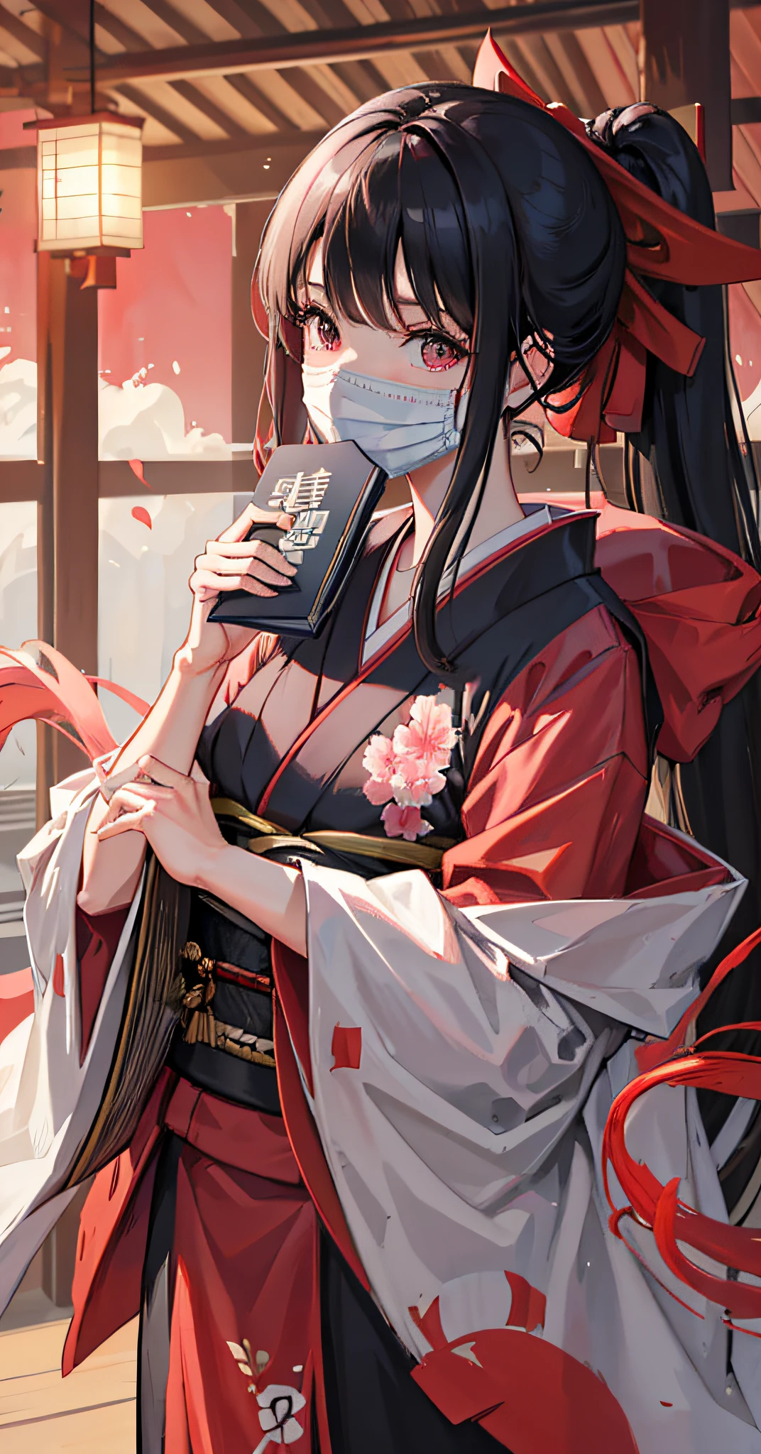 , natural light, beautiful,black hair, , surgical_mask, 1girl, long_hair, kimono,, japanese_clothes, book, red_kimono, solo, holding_book, , covered_mouth, pink_kimono, holding, , red_background,a woman with long hair wearing a mask and holding a book in her hand，White gloves