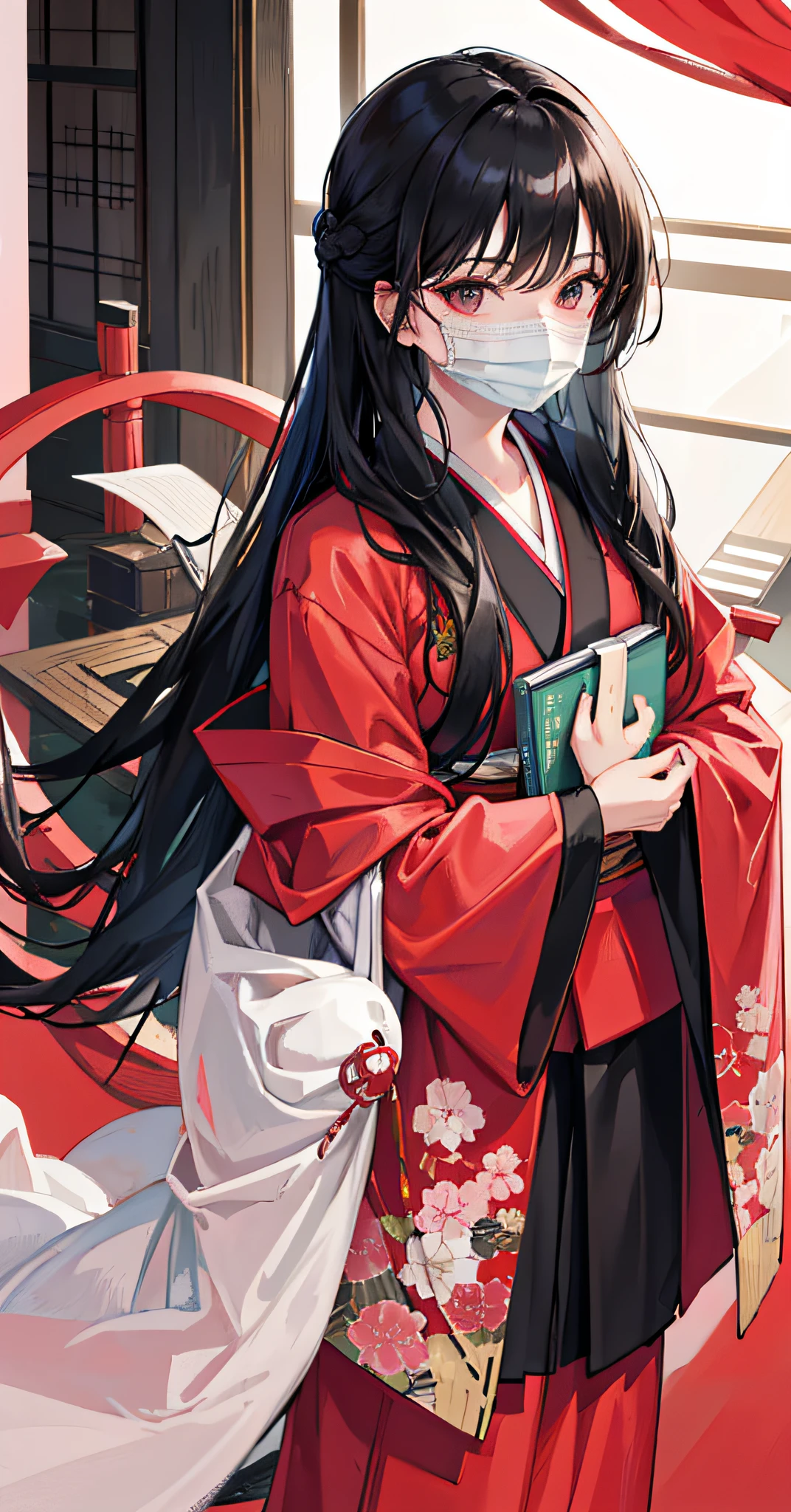 , natural light, beautiful,black hair, , surgical_mask, 1girl, long_hair, kimono,, japanese_clothes, book, red_kimono, solo, holding_book, , covered_mouth, pink_kimono, holding, , red_background,a woman with long hair wearing a mask and holding a book in her hand，White gloves