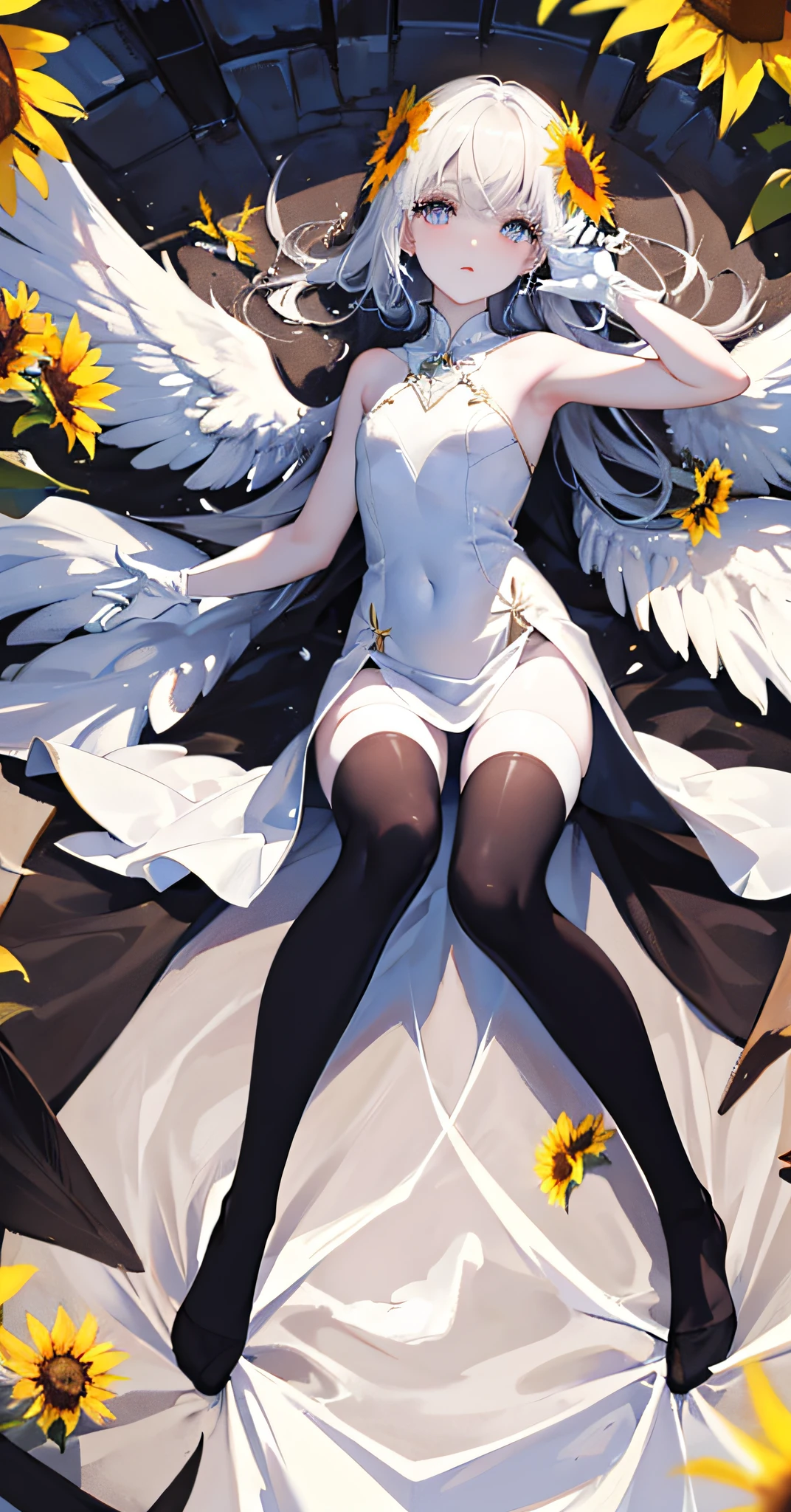 An angel is depicted with a pale and luminous complexion, their skin seemingly glowing with an otherworldly radiance. They are adorned with a pair of sparkling and graceful wings, symbolizing their divine nature. The scene is ethereal and enchanting, capturing the beauty and mystery of these celestial beings. angel, pale, luminous, complexion, glowing, otherworldly, radiance, sparkling, graceful, wings, divine, ethereal, enchanting, beauty, mystery.full body, ((small breasts)), ((，White gloves，flat chest)),(flower, sunflower:1.3),(((black legwear))), (stand up)