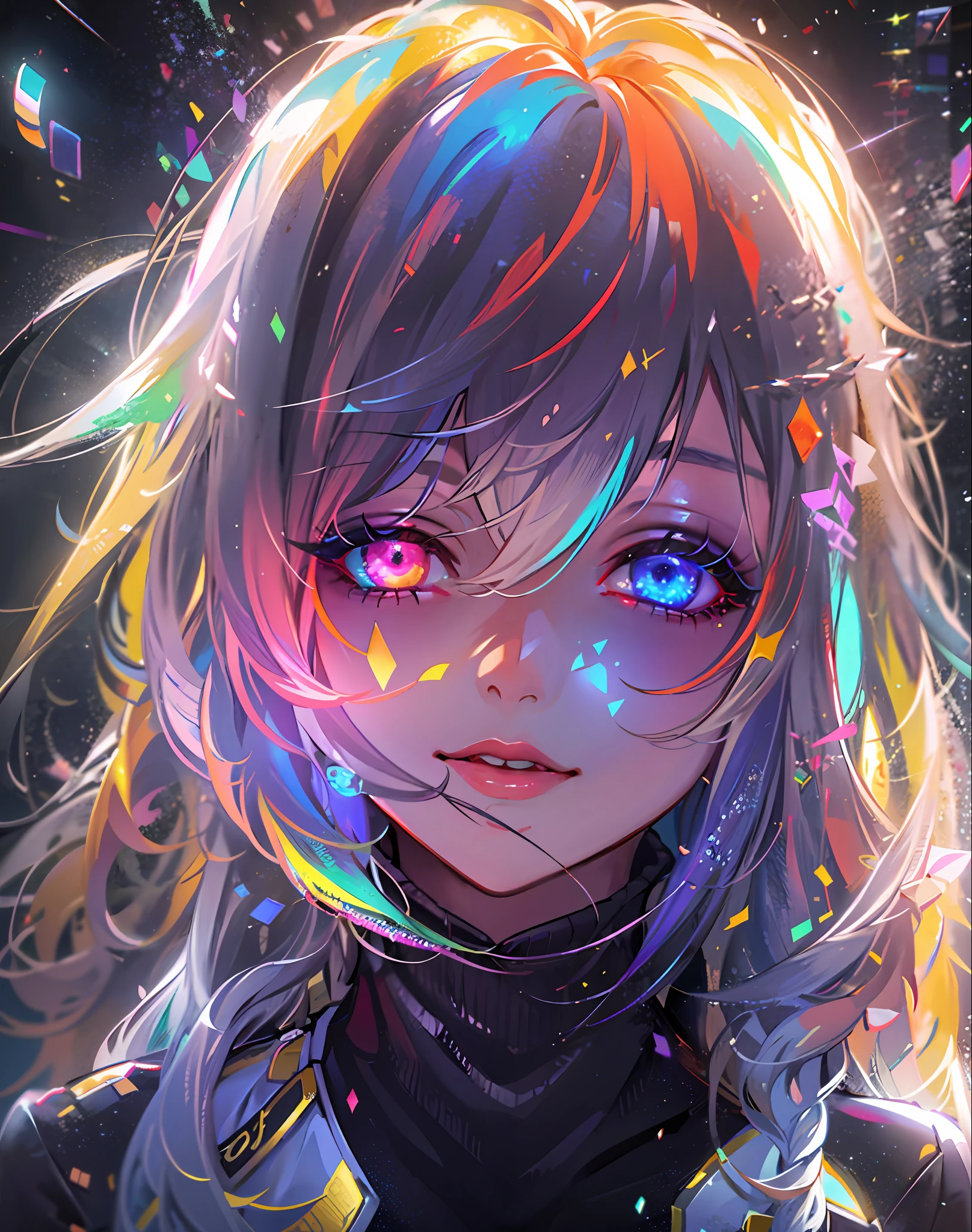 {{masterpiece}}, best quality, extremely detailed CG unity 8k wallpaper, cinematic lighting, lens flare, beautiful detail eyes, black,  side glance,  multicolor hair, colorful light, particles, heterochromia, (colorful:1.5), (colorful hair:1.5),