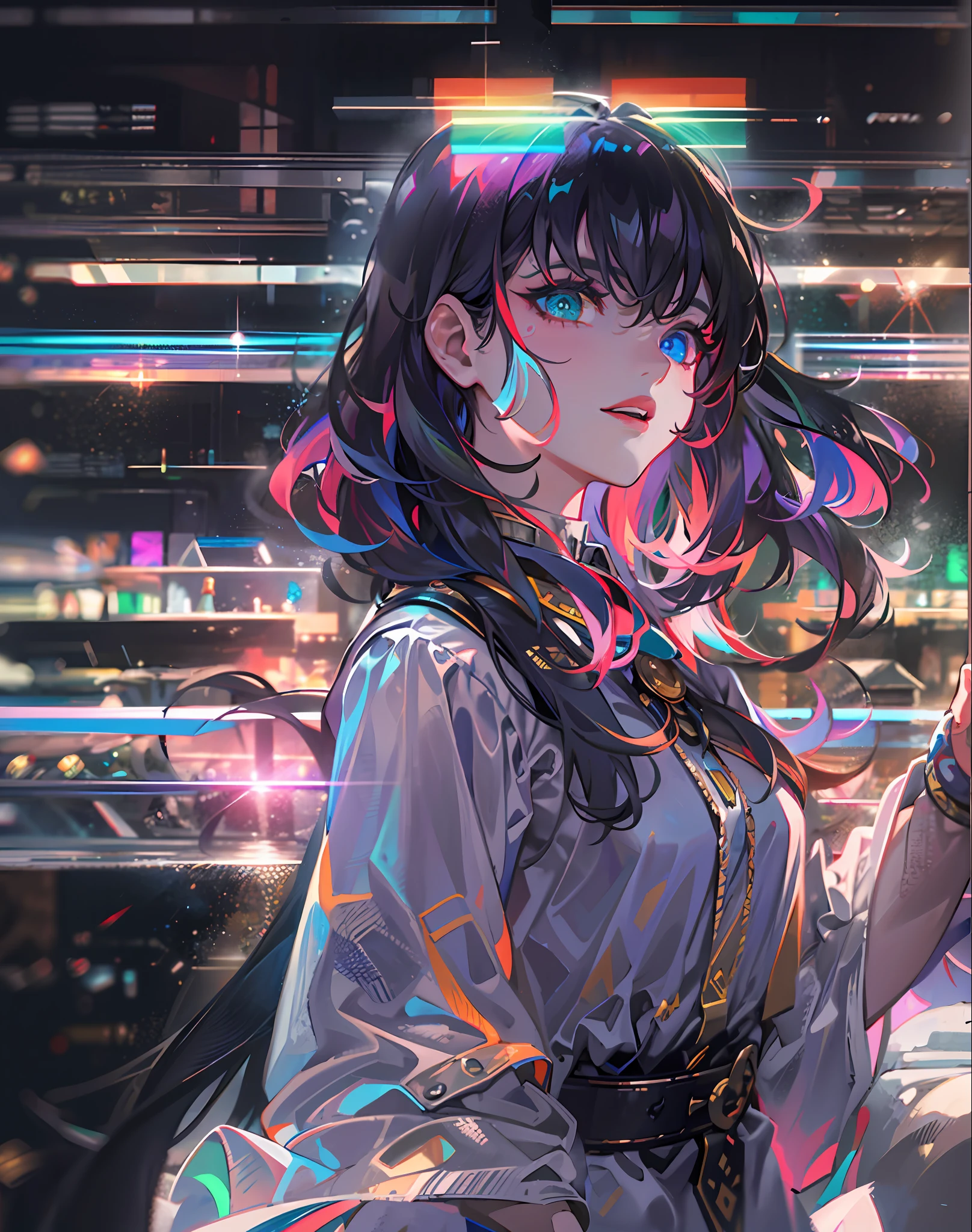 {{masterpiece}}, best quality, extremely detailed CG unity 8k wallpaper, cinematic lighting, lens flare, beautiful detail eyes, black,  side glance,  multicolor hair, colorful light, particles, heterochromia, (colorful:1.5), (colorful hair:1.5),