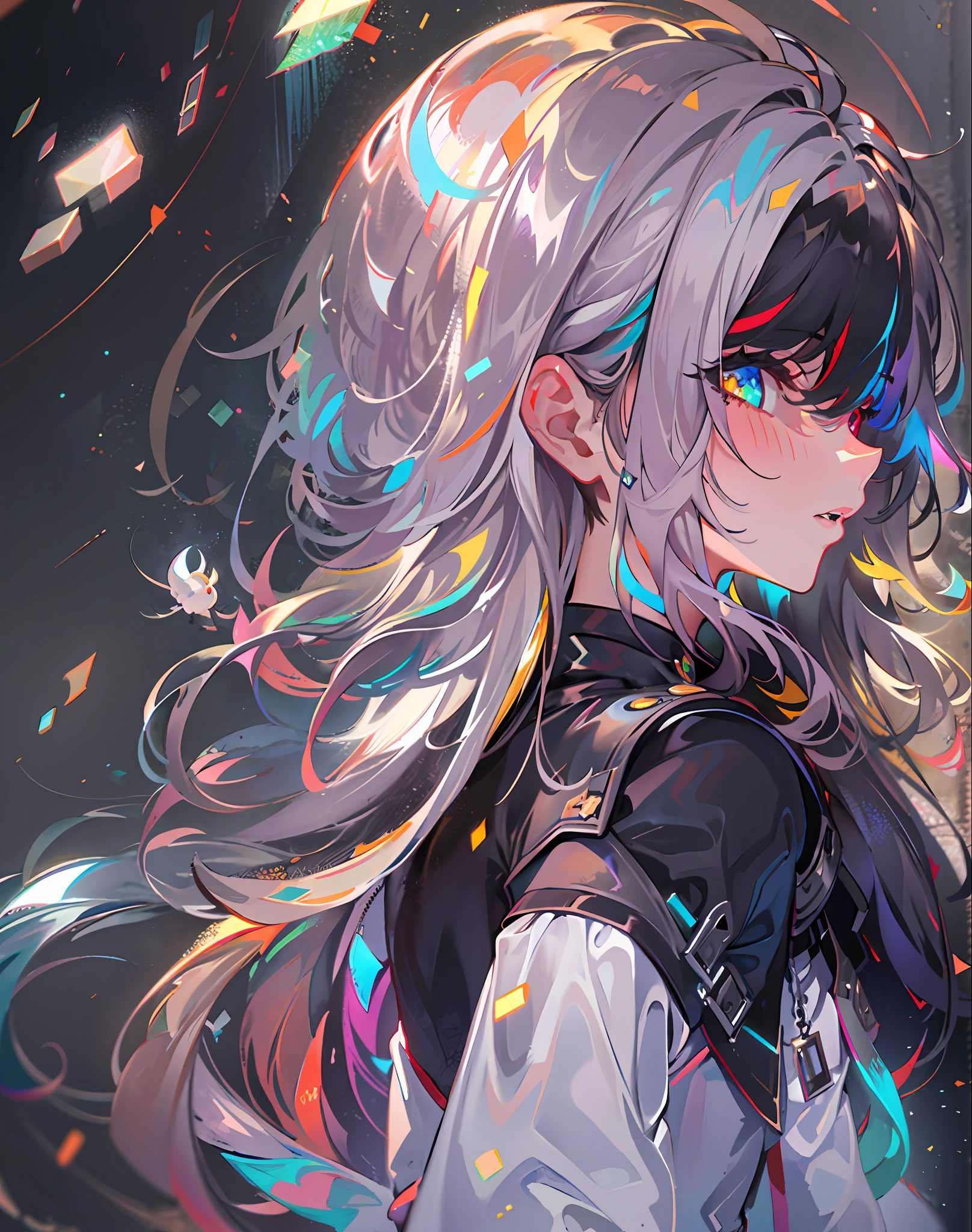 {{masterpiece}}, best quality, extremely detailed CG unity 8k wallpaper, cinematic lighting, lens flare, beautiful detail eyes, black, side glance, multicolor hair, colorful light, particles, heterochromia, (colorful:1.5), (colorful hair:1.5),