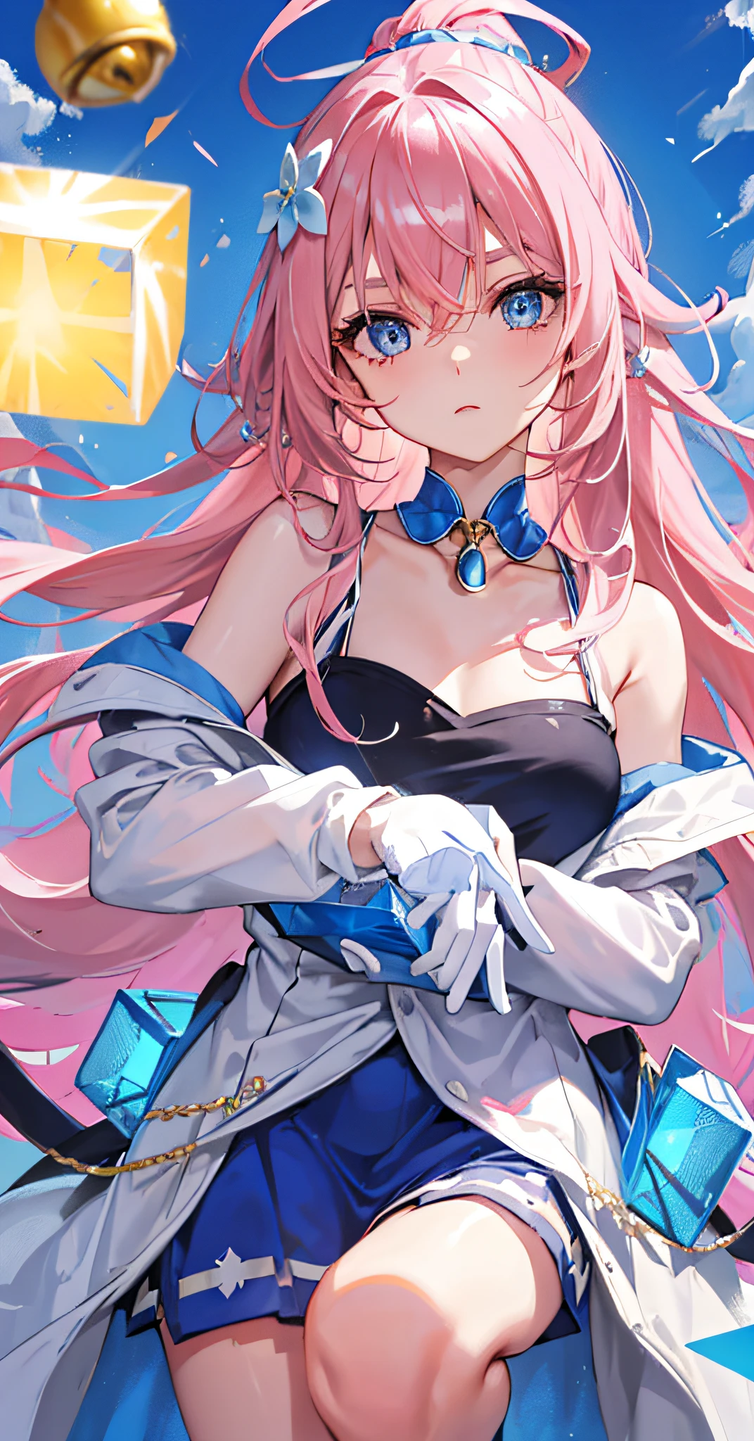 1girl, bangs, blue eyes, collarbone eyebrow svisible through hair, hair between eyes , long hair, pink hair, solo, hair ornament made of a blue cube next to a yellow cube, hair bell, masterpiece, best quality，White gloves