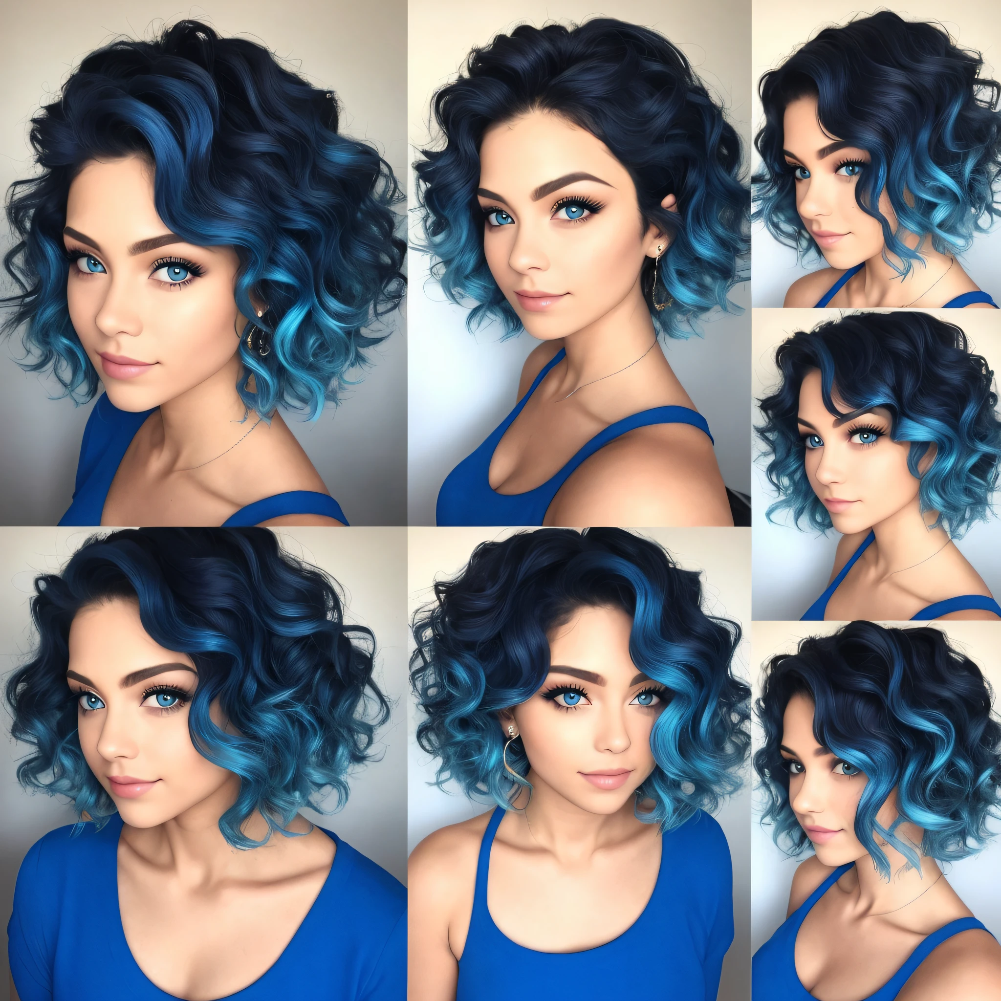 Short hair micro-curls，blue hairs，Raised sexy，Beautuful Women，