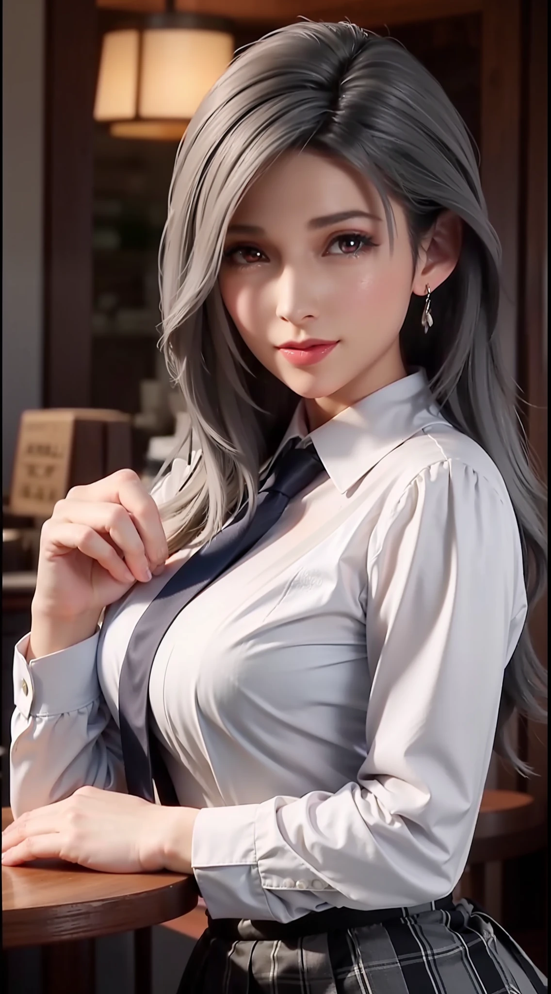 sakuyarindou768 (Wearing business outfit,formal jacket,neck tie, tie,white shirt, skirt, heels,High waist Skirt)( big perfect round breasts,hourglass body, thin waist,btpt-fc,Photo realistic, (hyperrealistic:1)beautiful, masterpiece, best quality, extremely detailed face, perfect lighting,detailed eye makeup, detail face, nice detailed eyes,nice hands, perfect hands (realistic pupils,realistic iris:1) heavy eye makeup,gray hair,long hair,bue eyes,  (working at a restaurant, background restaurant)