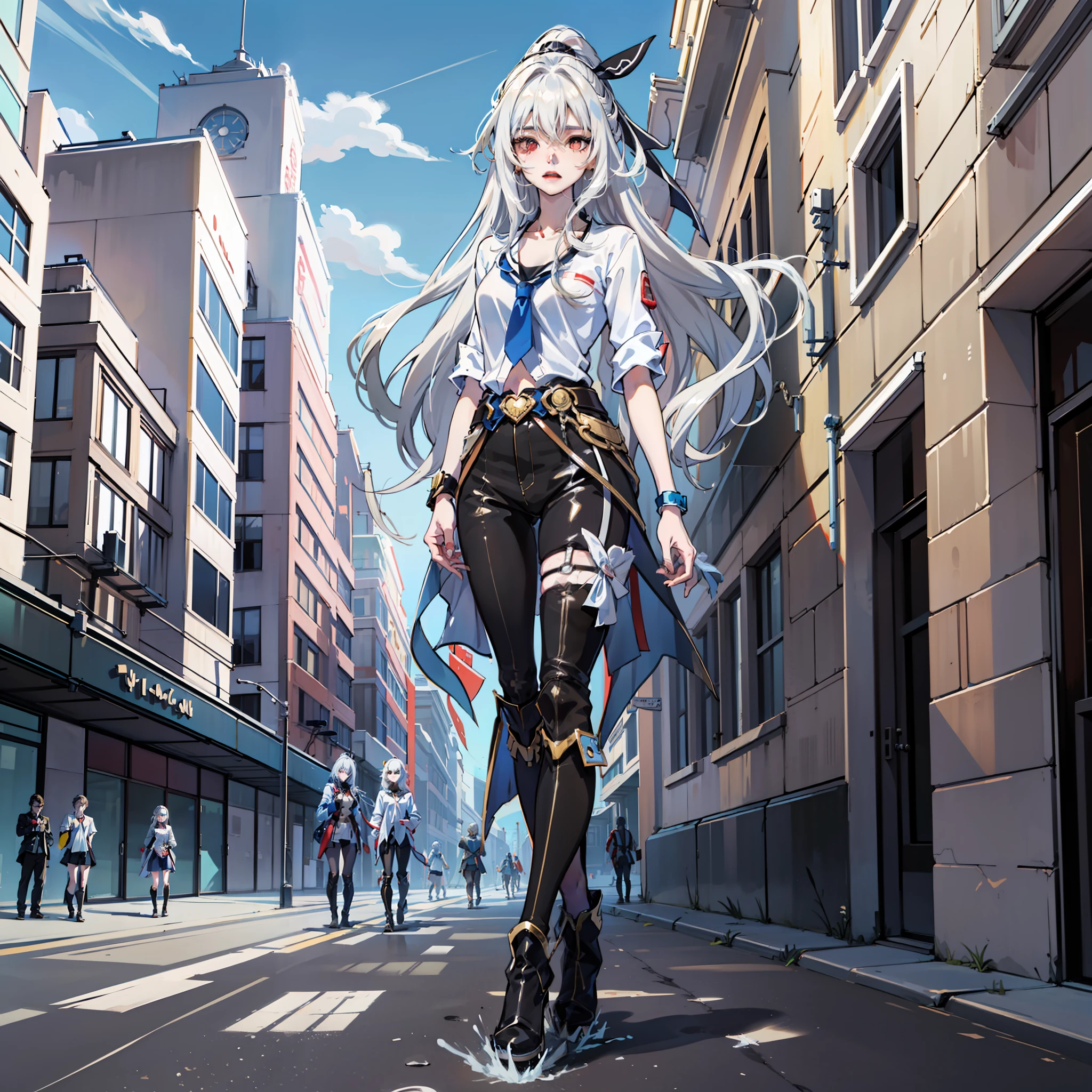 Anime girl walking on city streets in white shirt and tight trousers, style of anime4 K,, anime moe art style, Anime visuals of beautiful girls, 4k manga wallpapers, Anime art wallpaper 8 K, High cold anime royal sister, 4K anime wallpaper, Kantai collection style, Best anime 4k konachan wallpaper, High Quality Anime Art Style,Tall and tall,Perfect body shape,full bodyesbian(1.8)