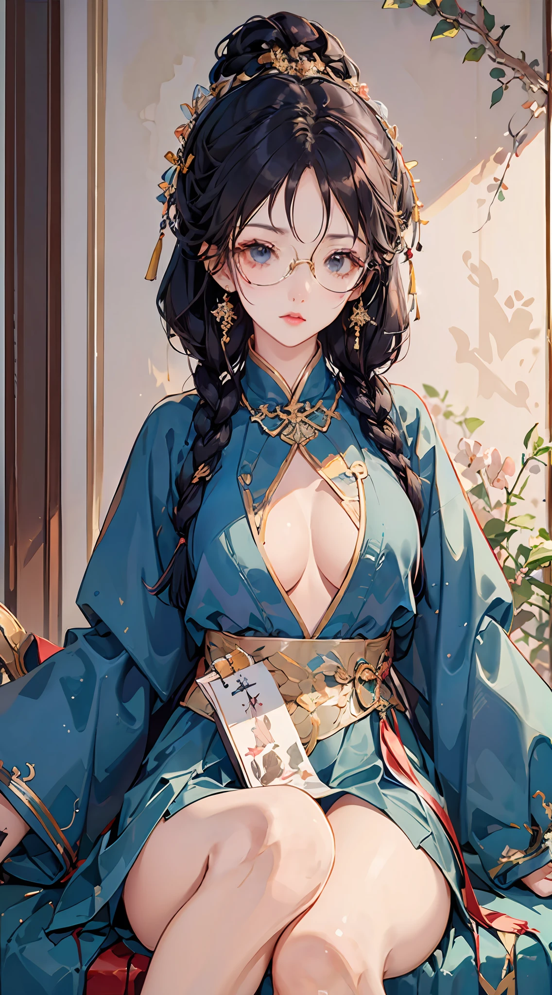 busty girl、25-years old、eye glass、Braids、not any dressed、Not wearing a bra、Sitting and legs open --auto