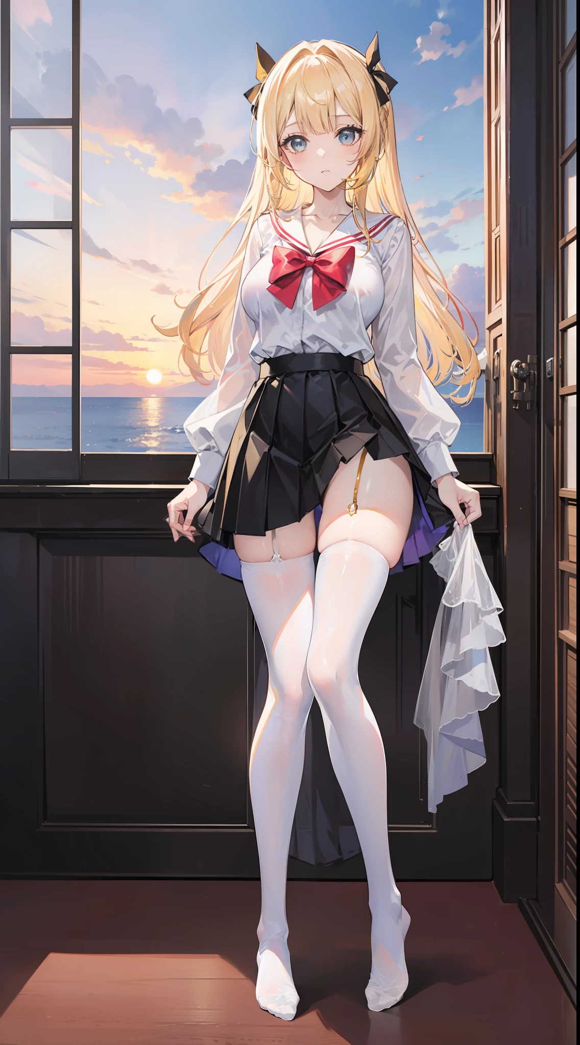 Masterpiece（（tmasterpiece）），White color blouse（（black micro skirt）），（（White transparent stockings）），（No shoes on），adolable，Raised sexy，Sunset，（Long yellow）Hair，red bow