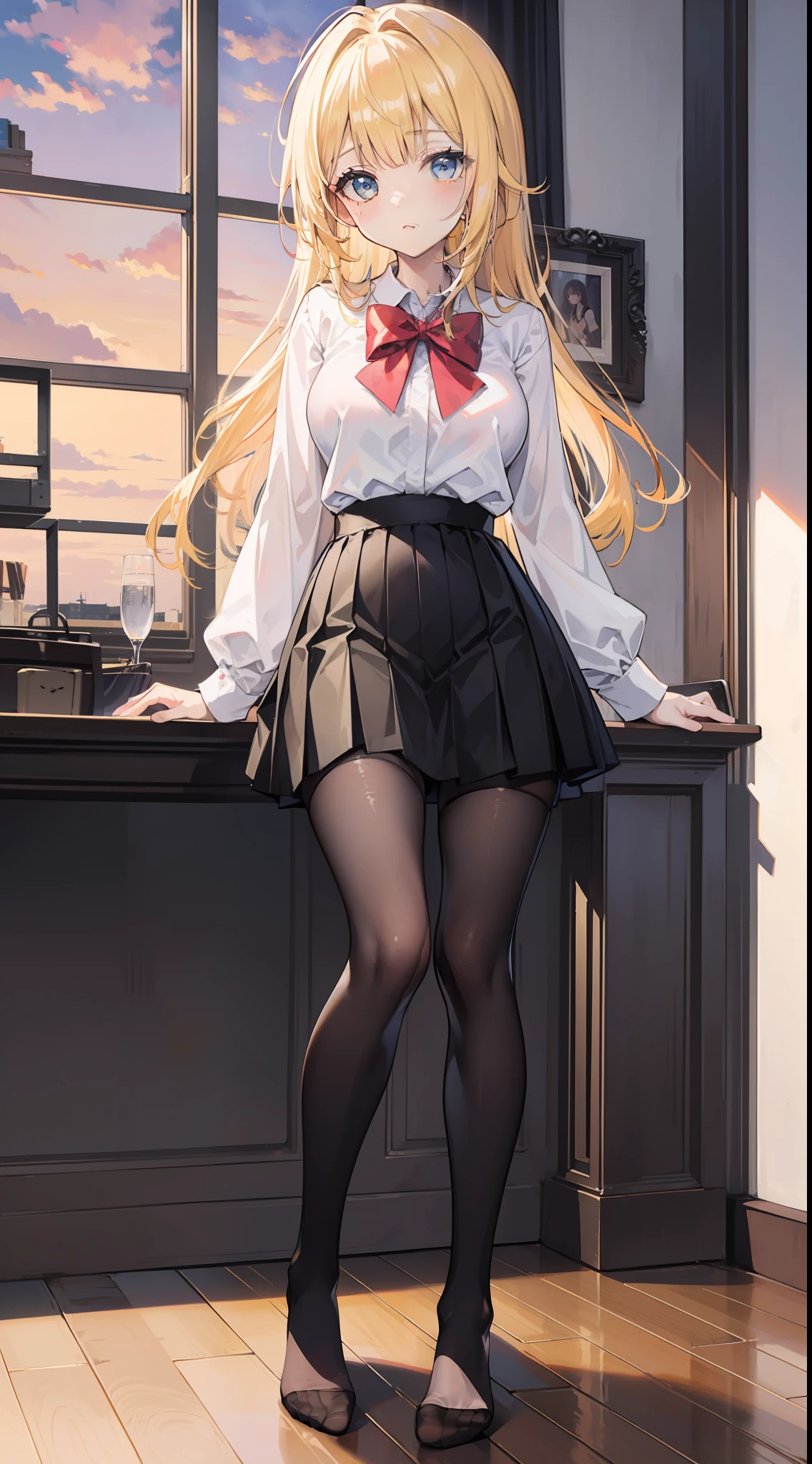 Masterpiece（（tmasterpiece）），White color blouse（（black micro skirt）），（（White transparent stockings）），（No shoes on），adolable，Raised sexy，Sunset，（Long yellow）Hair，red bow