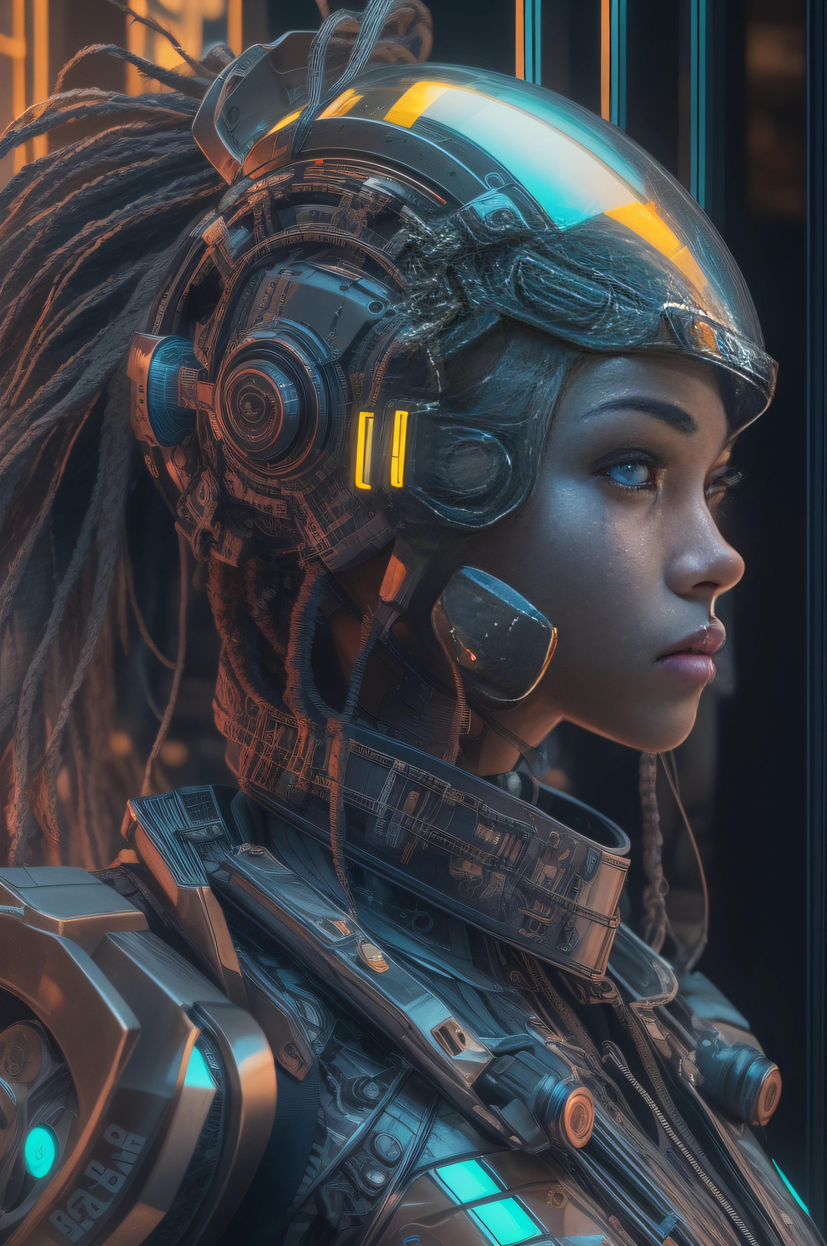 masterpiece, best quality, upper body, close-up of a fantastic looking cyborg girl in a fantastic cyber helmet with dreadlocks neon inserts with glass and metal, in glossy color with elegant details, HDR, ray tracing, rich details of light and shadow, outside, extremely detailed, random camera angle