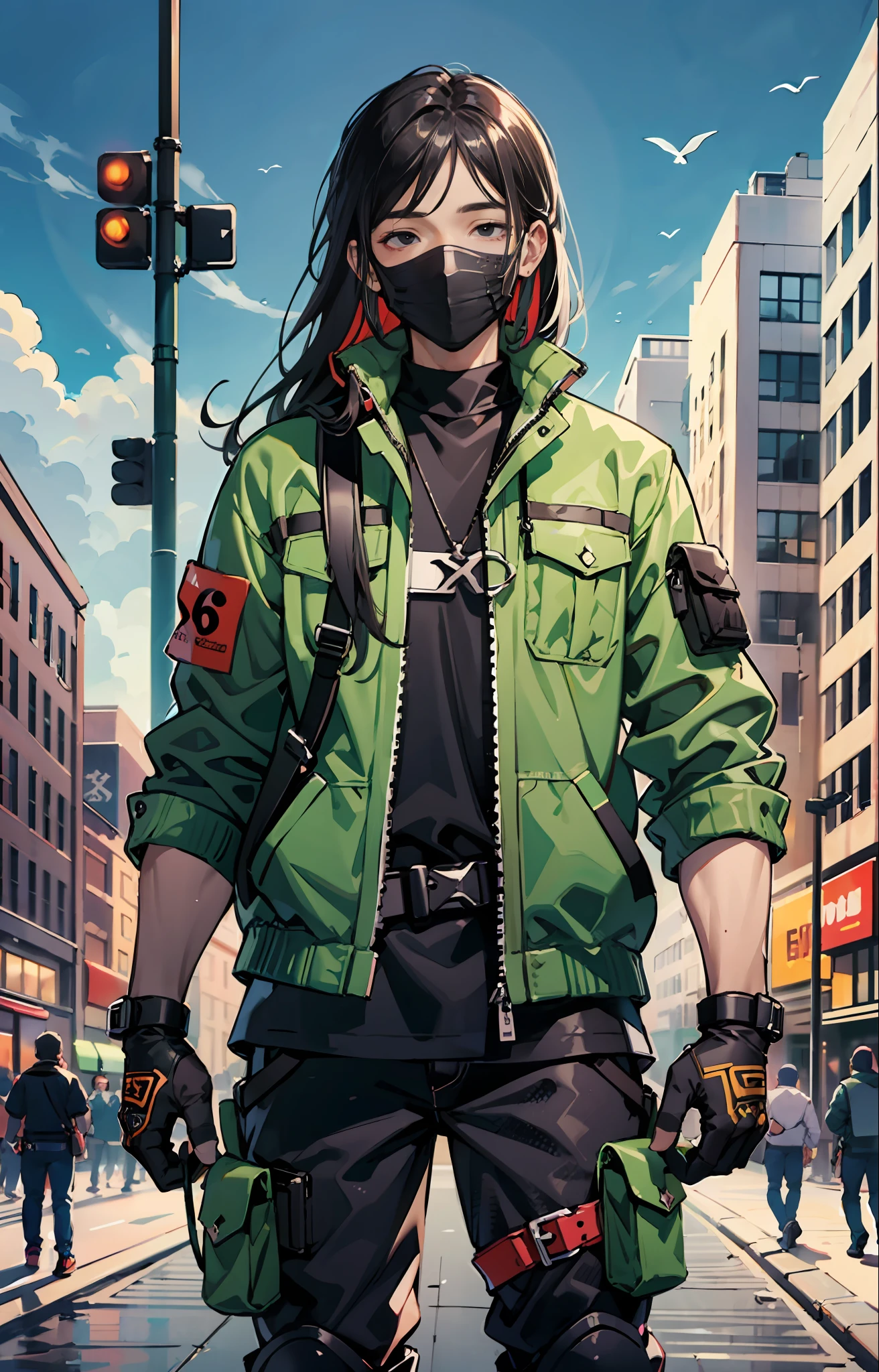 masterpiece, top quality, best quality, simple lines, male, man, young man, man of 16, extreme detailed, colorful,highest detailed, black hair, long hair, wavy hair, black eyes, big city, destroyed city, backpack, wind, protective clothing, zombie apocalypse, full body, tech wear, muscular, military gloves, black mask on face, fixed eyes, black clothing, lifeless eyes, thousand-yard stare