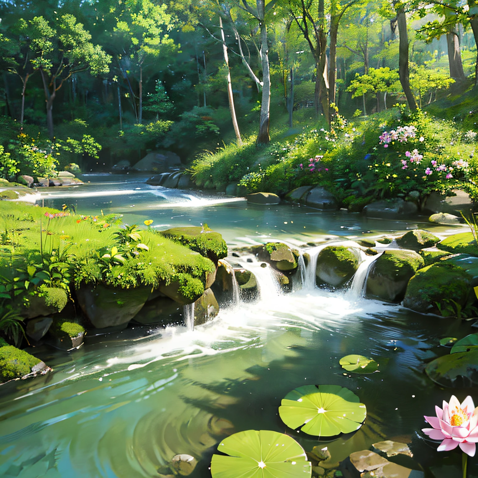 A clear stream winds through the forest，The surface of the water shimmered。The stream is lined with lush flowers and plants，Available in a wide variety of colors，Exudes a charming aroma。In the middle of the stream，A blooming water lotus blooms，It's like a wonderland in the water。 --auto