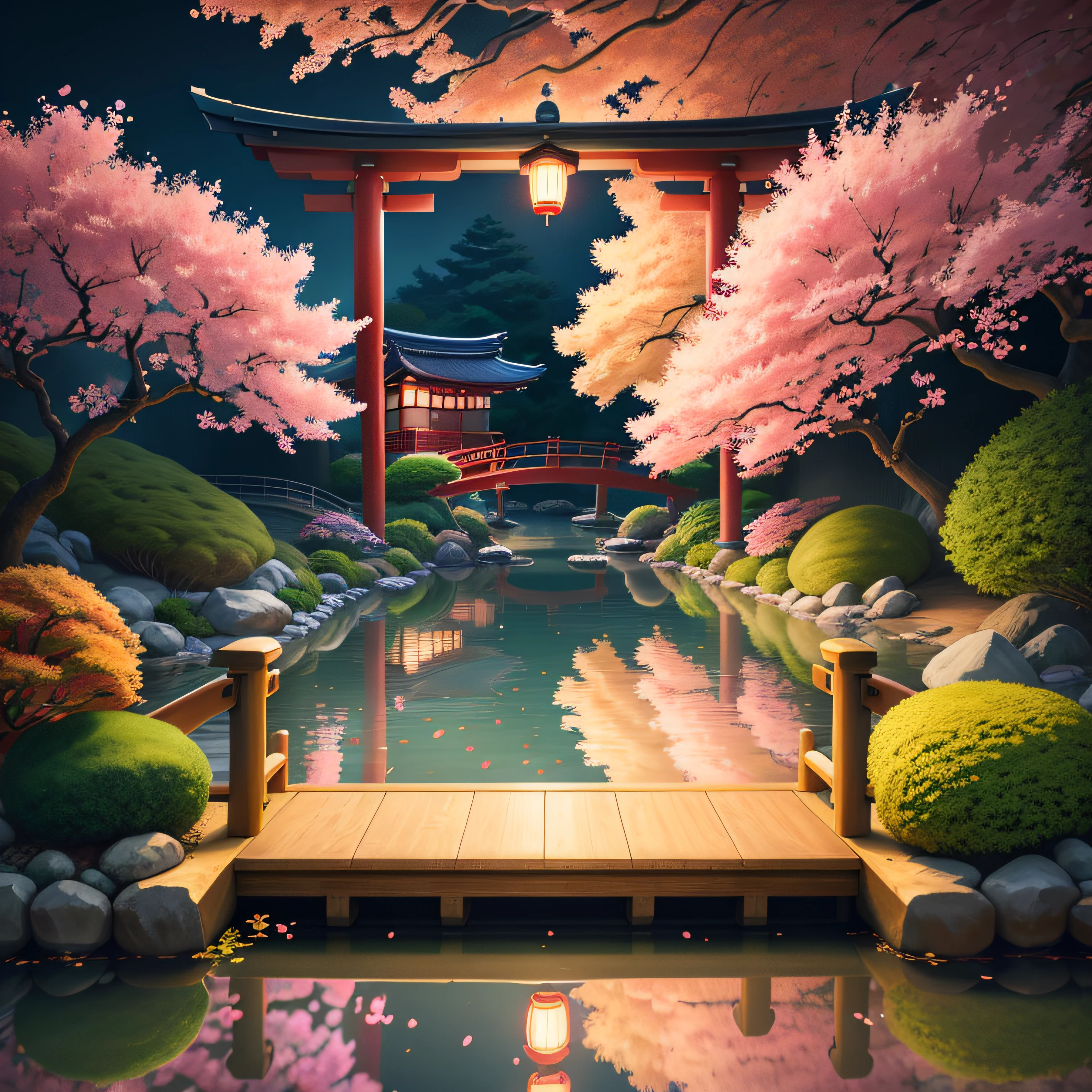 (digital painting),(best quality), serene Japanese garden, cherry blossoms in full bloom, koi pond, footbridge, pagoda, Ukiyo-e art style, Hokusai inspiration, Deviant Art popular, 8k ultra-realistic, pastel color scheme, soft lighting, golden hour, tranquil atmosphere, landscape orientation