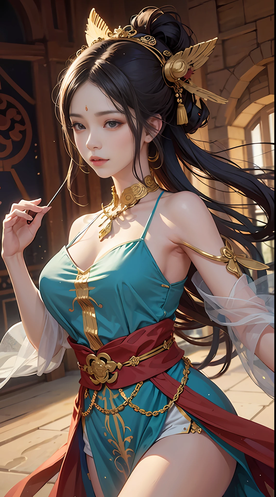 1 girl winks，
dunhuang_cloths，
dunhuang_style，
best qualtiy，realisticlying，realisticlying，award-winning illustrations，（Complicated details：1.2），（exquisite detailing），（Complicated details），（Movie light，Best quality backlight），清晰的线条，fashionable girl，tack sharp focus，photorealiscic face，详细的脸，offcial art，Unity 8k壁纸，超高分辨率，（Photorealsitic：1.5），sportrait，dance，The king glorifies the appearance of Gongsun Li