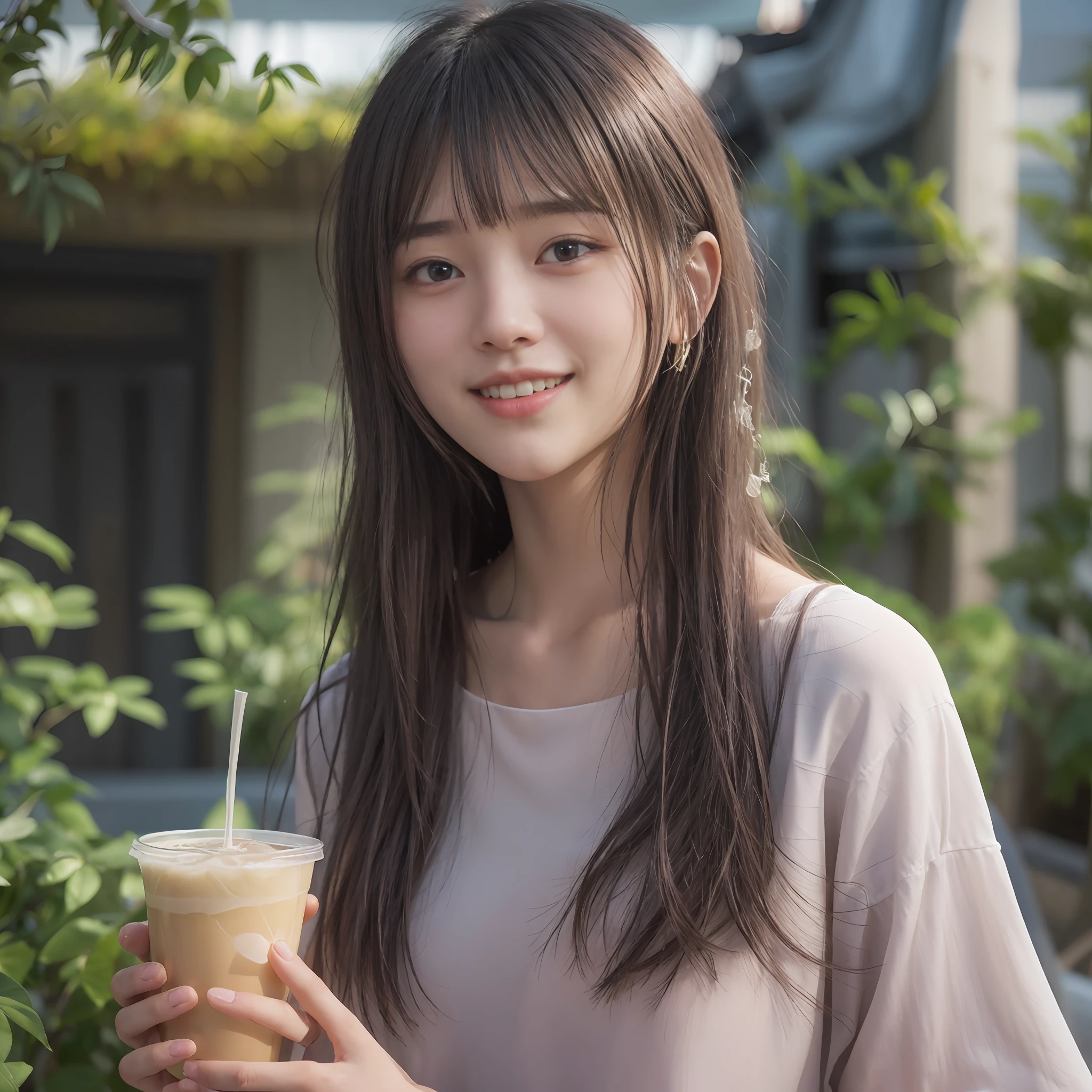 masterpiece、top-quality、(the Extremely Detailed CG Unity 8K Wallpapers)(top-quality)、(The best illustrations)、(Best Shadows) garden terrace、The season is summer、Smiling with iced coffee in hand、summer sunlight、femele、modeled、Representation using radiosity、Photorealsitic、Upper body close-up、Hairstyle is medium long、Hair color is black、Japan at 25 years old、Rough clothing