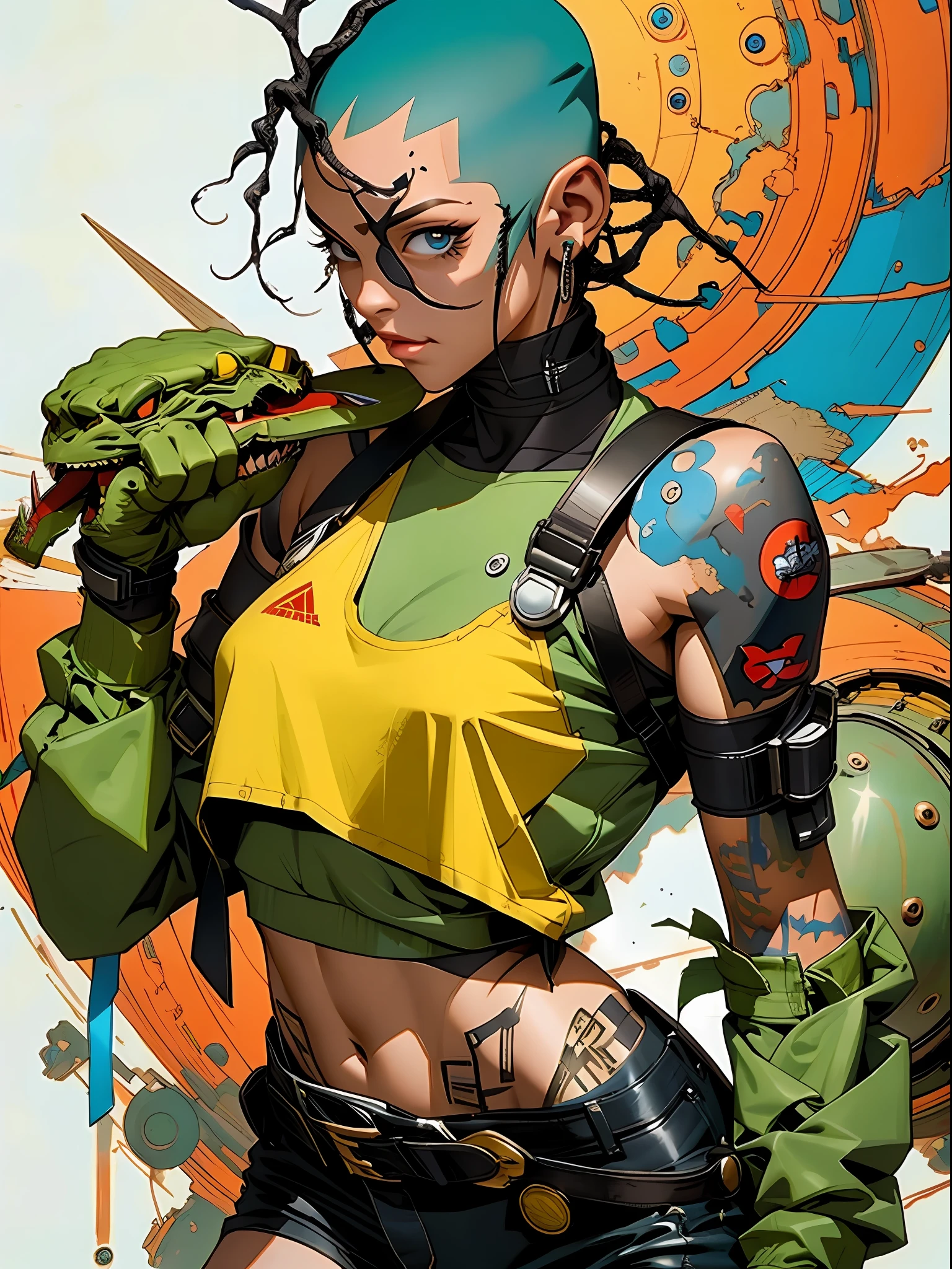 corpo inteiro, master part, best quality, super detalhe, 8k, mulher linda, Tank Girl com cara de maluca, sorriso malicioso , cabelo moicano colorido, garota punk, post-apocalyptic world, (( menina do tanque )), Nijistyle, roupas rasgadas e sujas, moicano curto, sides of shaved head, rosto limpo