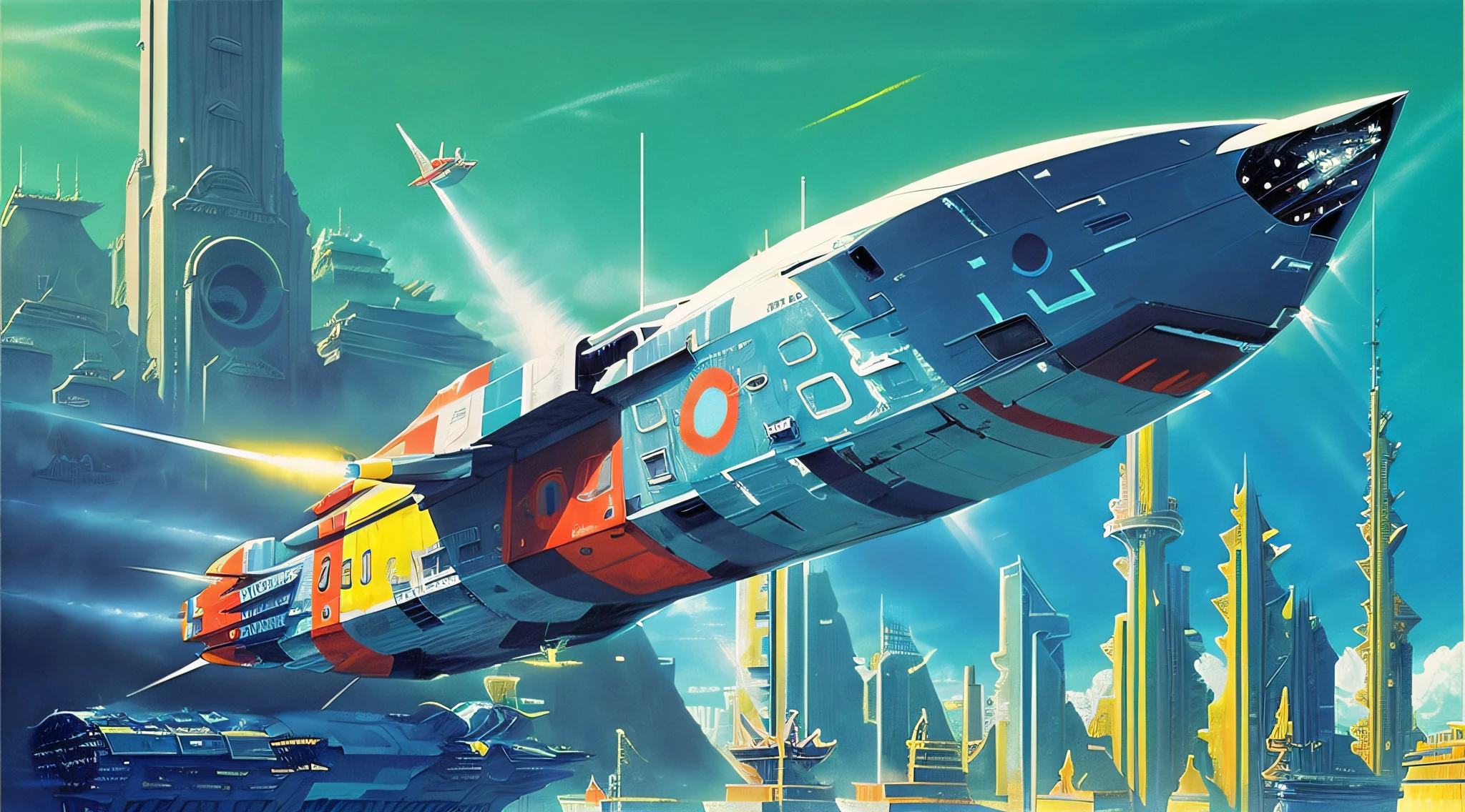 painting, ((clean lines)), ((spherical design)), sharp angles)), ((flying over a city)), ((engine exhaust)), ((desaturated)), spaceship, ((blue hull)), ((realistic)), (Cinematic anime screencap,limited palette, :1.3),  (best quality), (70s style:1.2), 1970, (retro:1.2), dramatic, 8k, deep shadows, photorealistic, no humans,vehicle focus,((limited palette)), flat color, (oil painting:1.16),(acrylic paint:1.16),((retrofuturism)),(science fiction), by ((Peter Elson)), ((Bruce Pennington))