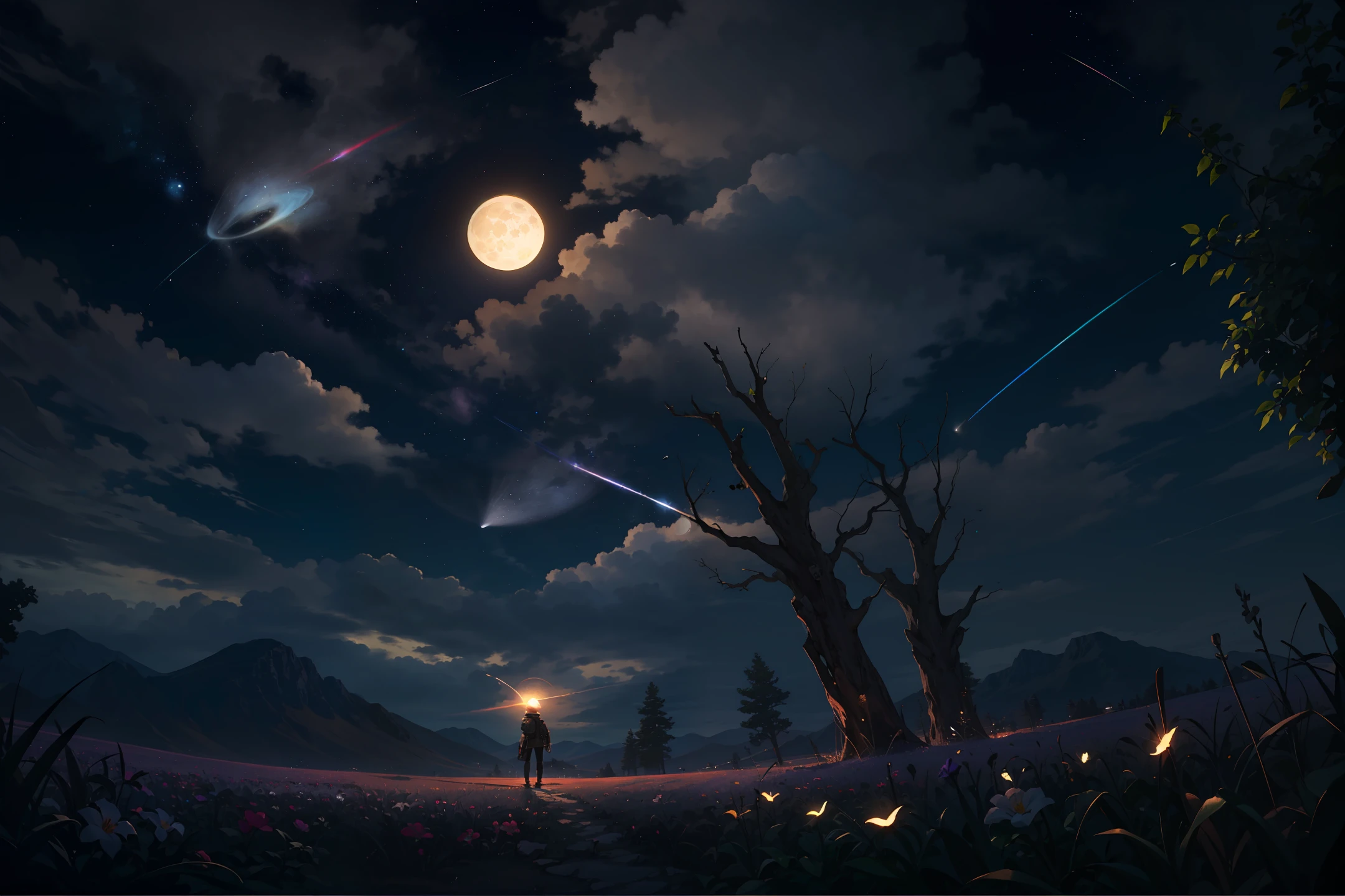 A wide landscape photo, (viewed from below, the sky is above, and the open field is below), a girl standing on a flower field looking up, (full moon: 1.2), (meteor: 0.9), (nebula: 1.3), distant mountains , Trees BREAK Crafting Art, (Warm Light: 1.2), (Firefly: 1.2), Lights, Lots of Purple and Orange, Intricate Details, Volumetric Lighting BREAK (Masterpiece: 1.2), (Best Quality), 4k, Ultra Detailed, (Dynamic Composition: 1.4), Rich in Detail and Color, (Rainbow Color: 1.2), (Glow, Atmospheric Lighting), Dreamy, Magical, (Solo: 1.2)
