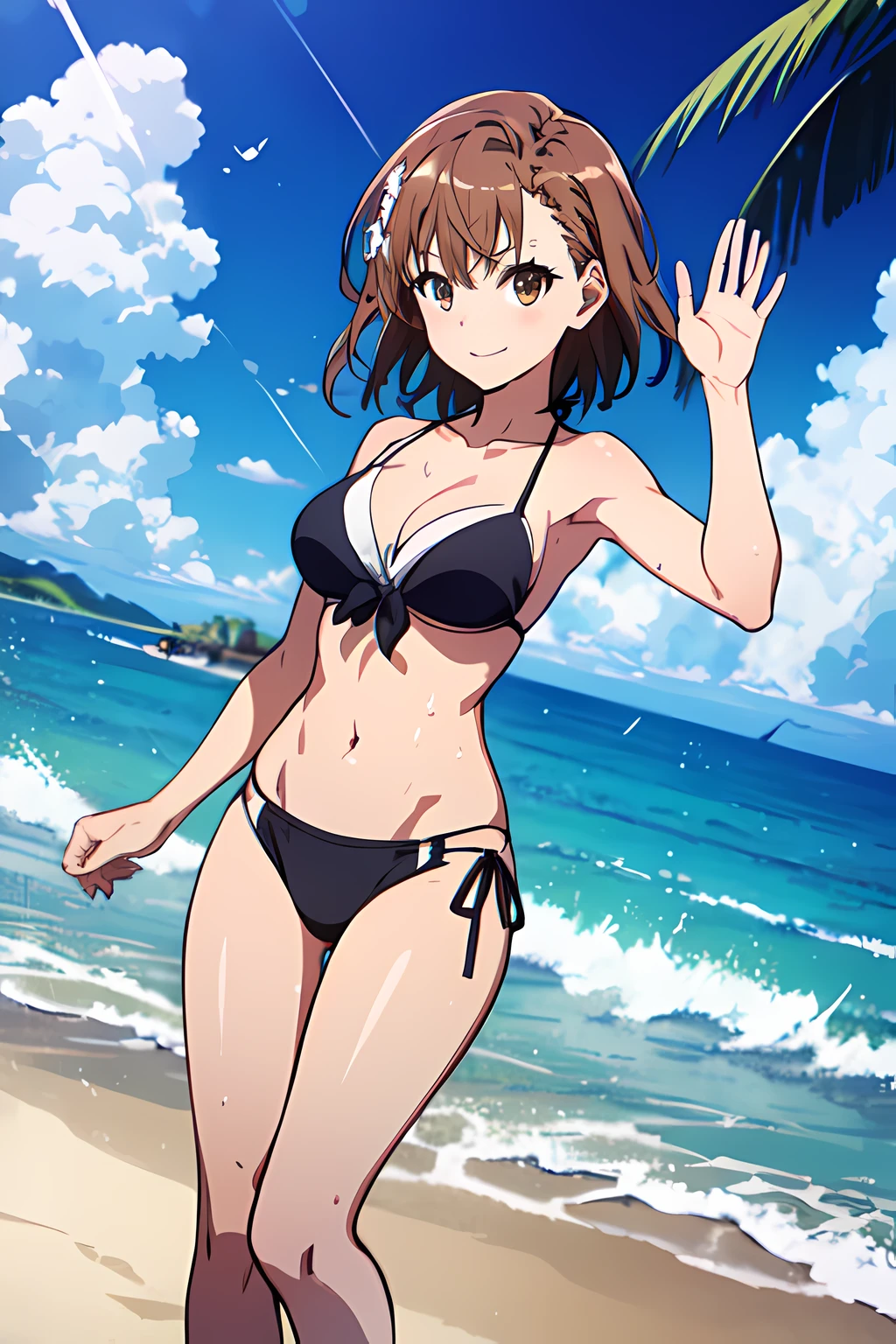 highres, best quality, masterpiece, dutch angle, 19yo, misaka mikoto, medium breasts, standing on beach, black bikini, brown hair, brown eyes, looking at viewer, light smile, splash, wave, wind, tropical island, beautiful sky, wet skin,