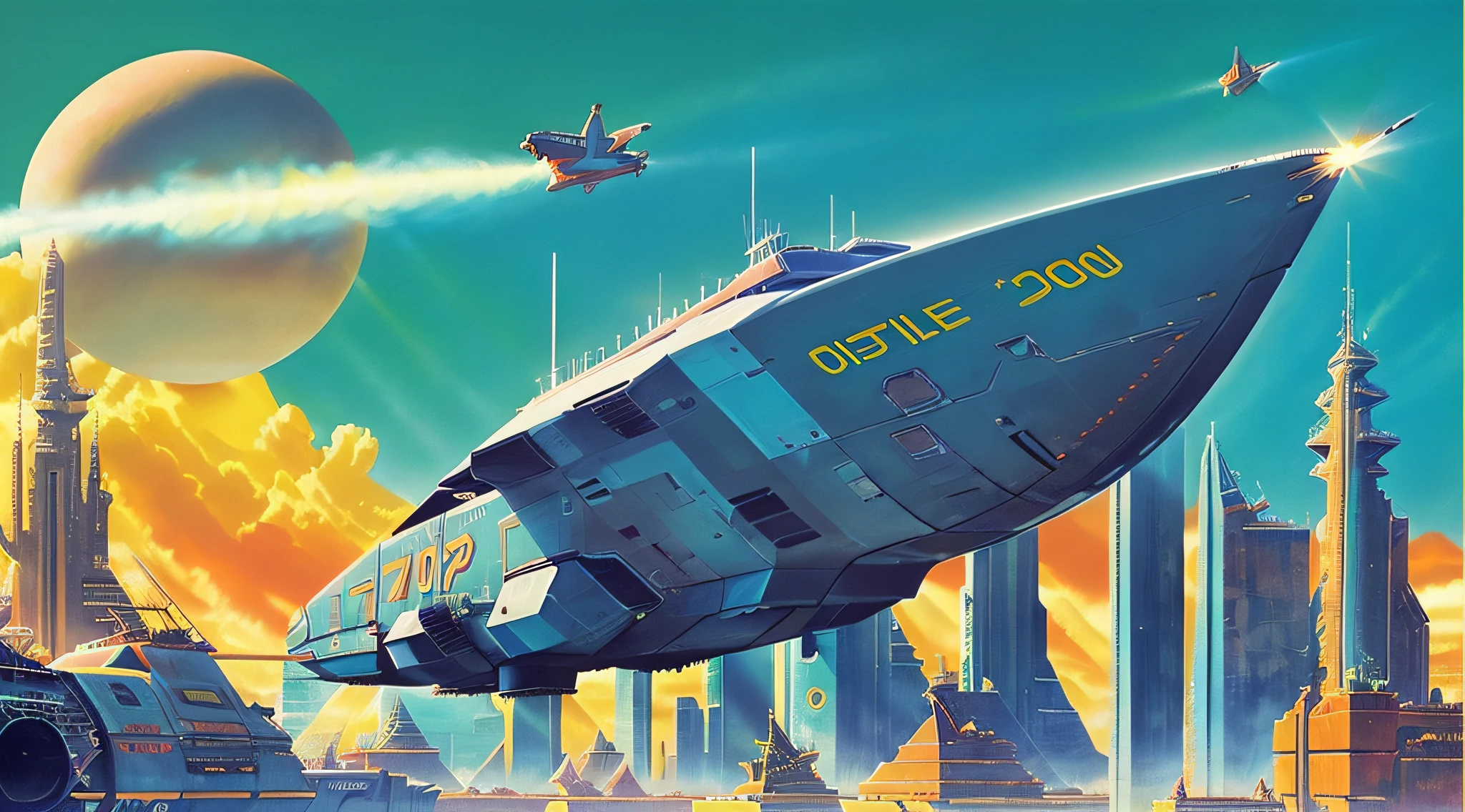 painting, ((clean lines)), ((spherical design)), sharp angles)), ((flying over a city)), ((engine exhaust)), ((desaturated)), spaceship, ((blue hull)), ((realistic)), (Cinematic anime screencap,limited palette, :1.3), (best quality), (70s style:1.2), 1970, (retro:1.2), dramatic, 8k, deep shadows, photorealistic, no humans,vehicle focus,((limited palette)), flat color, (oil painting:1.16),(acrylic paint:1.16),((retrofuturism)),(science fiction), by ((Peter Elson)), ((Bruce Pennington))