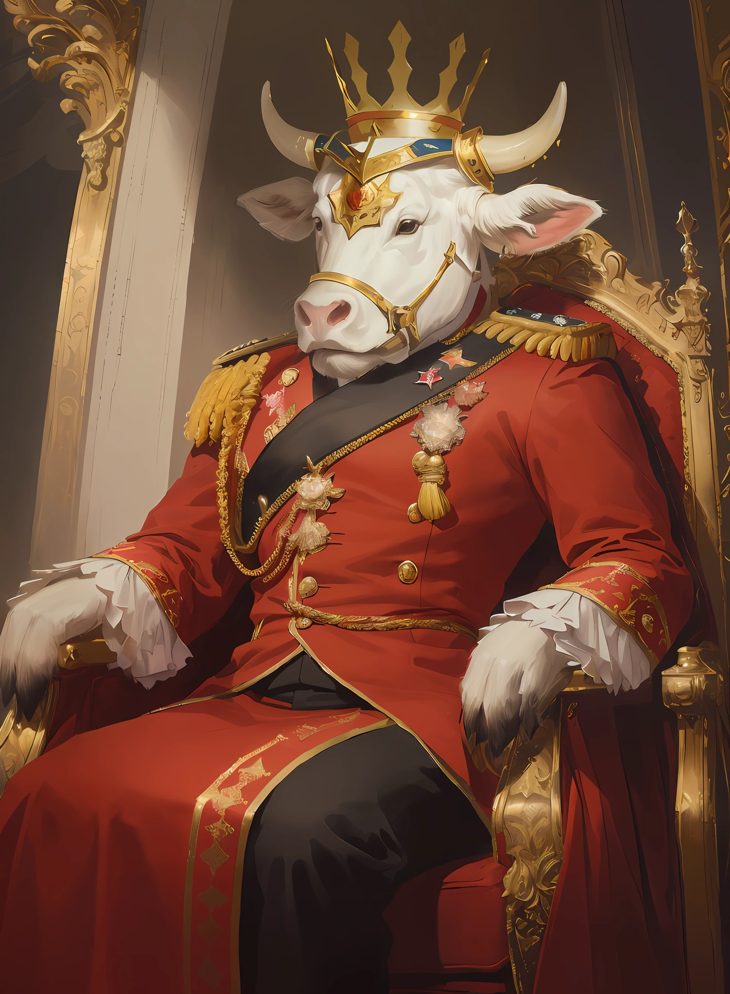 Look straight ahead,cow head,Cow's hooves,Personal,Dressed in gorgeous red, 《Overwatch》Winston, krenzcushart, imperial portrait, wojtek fus, royal portrait, portrait of emperor of mankind, royal attire akira, dignified aristocrat, guweiz masterpiece, majesty in noble clothes, portrait of a king, portrait of a mad general, high detailed official artwork