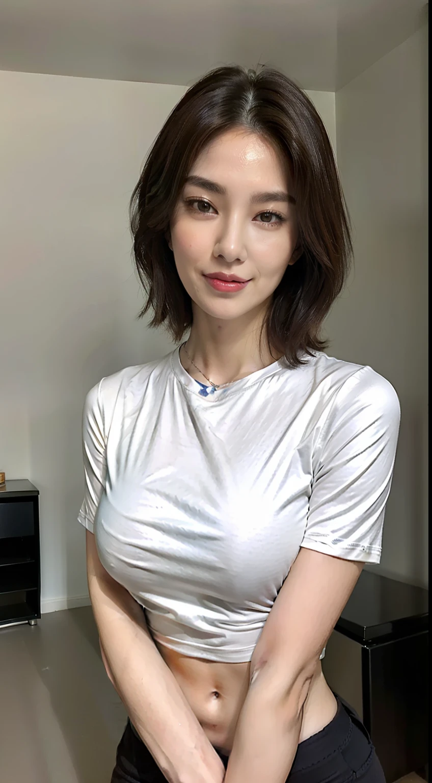 ((top-quality)), long legged, foco nítido:1.2, Beautiful woman with perfect body shape:1.4, Slender Abs:1.1, ((dark brown short hair、Colossal tits:1.2)), (Shiny Silver Tight T-Shirt, The sheen、Standing Black Spats:1.2), Detailed face and skin texture, A detailed eye,a room