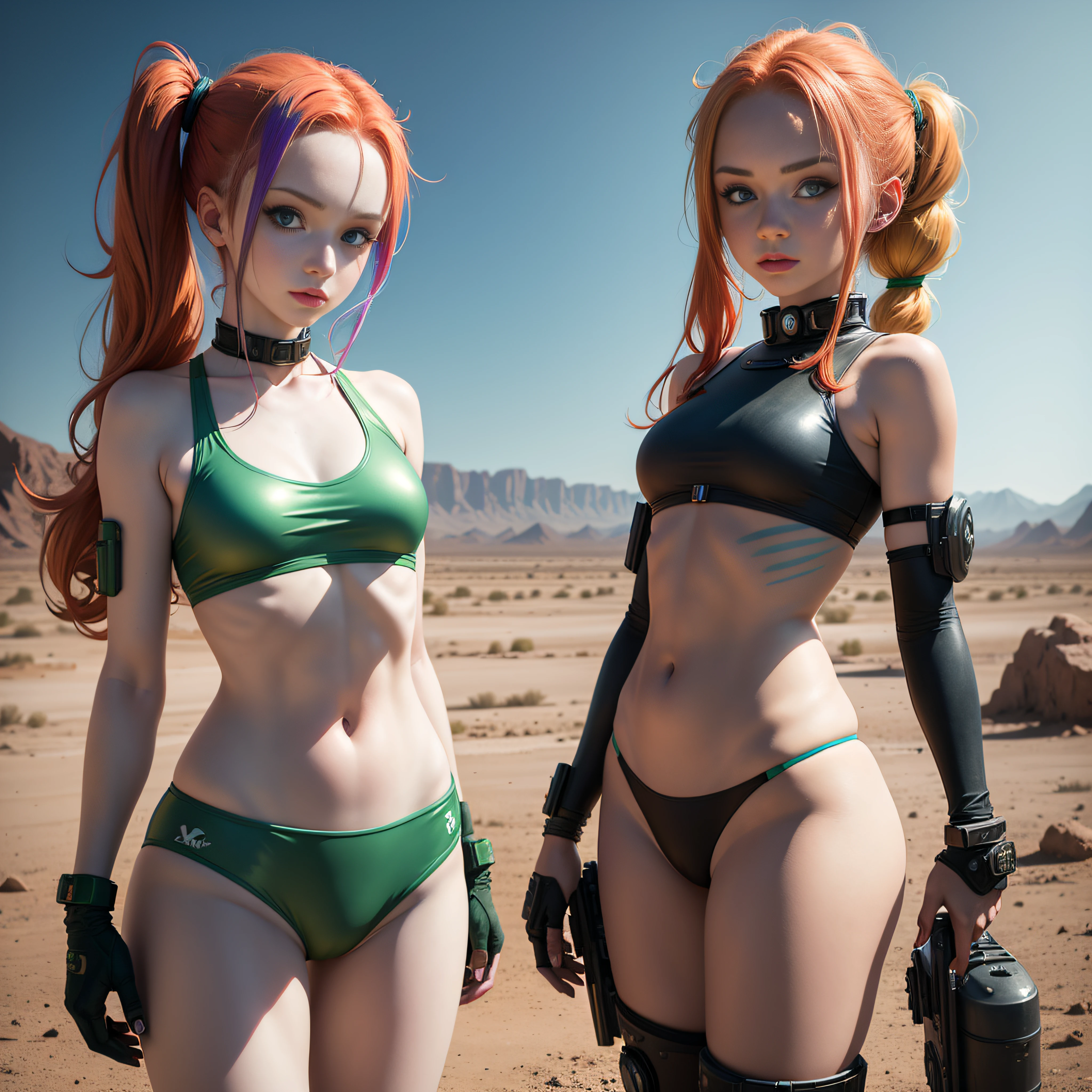 cute redhead woman in twin tails, multiple rainbow colored hair, sky-blue eyes, happy, Ukrainian, ite, pale skin, wearing a green metallic color bikini, post apocalyptic background, bleak barren desert, photo realistic woman. --auto