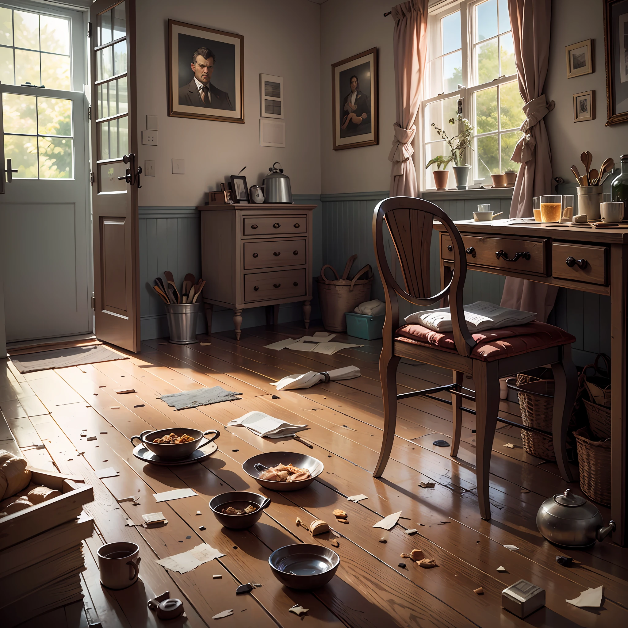 Broken old central room, complicated background, Furniture scattered in the room in the garden, Broken dishes and windows, Not a single whole partComputer image, Clarity, detailing the interior of an old rich house, Image: 7K, A detailed image of the interior of the old manor, Detailed description of the old house, Dark-sunlight strips illuminate the old wooden floor, Broken old furniture, Pieces of furniture are scattered on the floor in the room, glass fragments, Broken window with torn curtains,Girl in a raincoat sitting on the floor, cinematic still, vignette, in the center, “Hyper-realistic textures," "Exact Details,” “Realistic still life,” “Realistic portraits,” “Realistic landscapes.“Hyper-realistic textures," "Exact Details,” “Realistic still life,” “Realistic portraits,” “Realistic landscapes."street fighter", ArtStation, makoto sinkai, by stanley artgerm lau, WLOP, RossDraws " in the style of 0MIB