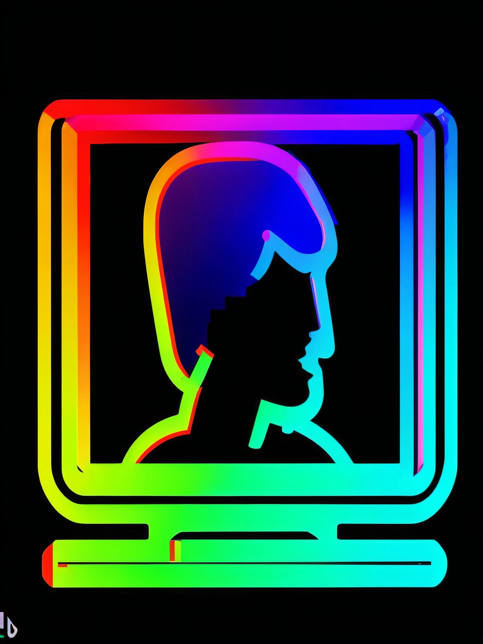 uma silhueta colorida de um homem na tela de um computador, data bending, arte digital neon, tela colorida do computador, contorno neon, ( ( arte glitch ) ), foto de perfil do discord, neon glitch, ( ( ( Synthwave ) ) ), computer art, neon outlines, pintura por computador, glowing rainbow face, na frente de um computador, Retrato NFT