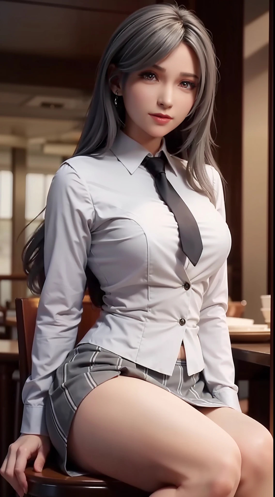 sakuyarindou768 (Wearing business outfit,formal jacket,neck tie, tie,white shirt, skirt, heels,High waist Skirt)( big perfect round breasts,hourglass body, thin waist,btpt-fc,Photo realistic, (hyperrealistic:1)beautiful, masterpiece, best quality, extremely detailed face, perfect lighting,detailed eye makeup, detail face, nice detailed eyes,nice hands, perfect hands (realistic pupils,realistic iris:1) heavy eye makeup,gray hair,long hair,bue eyes,  (working at a restaurant, background restaurant)