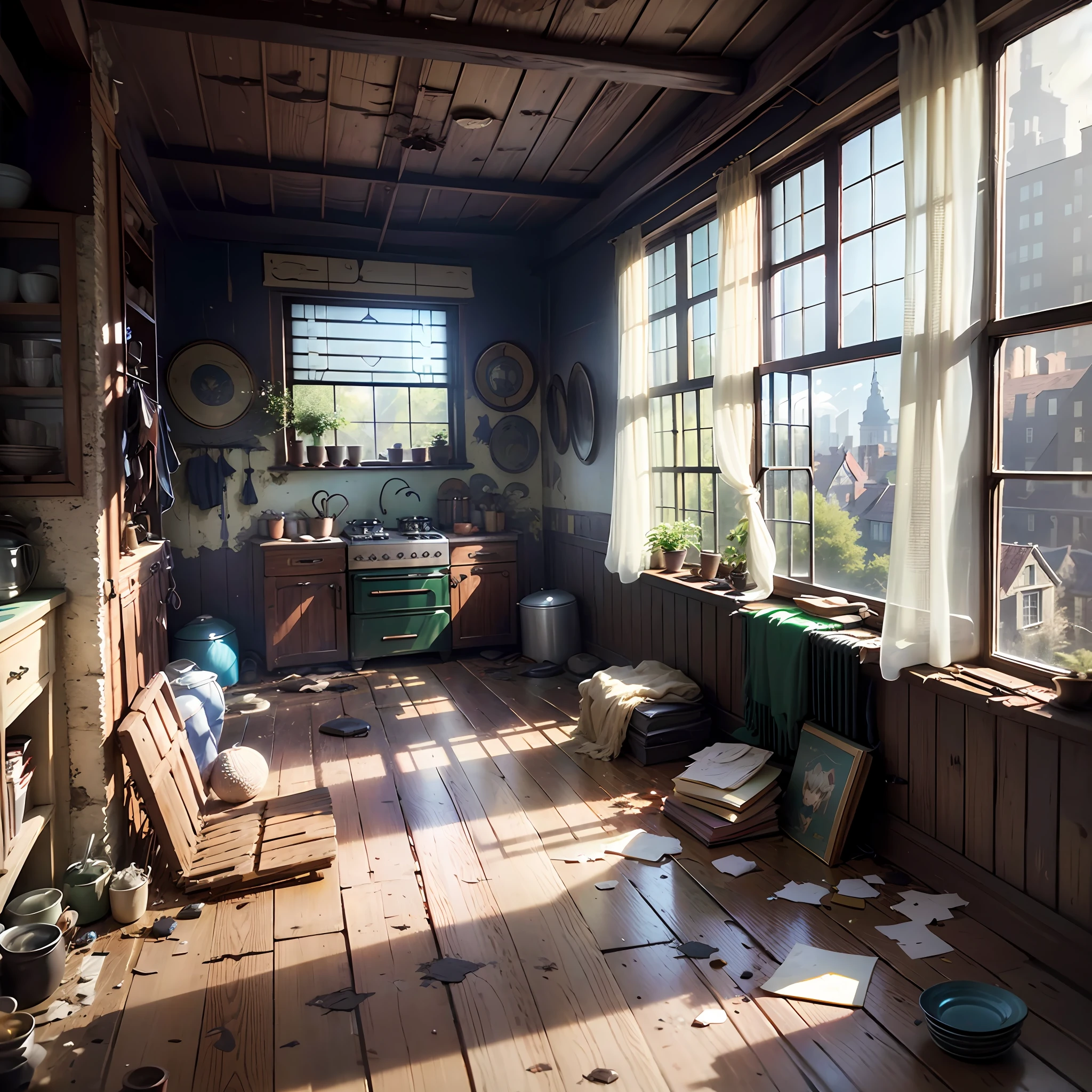 Broken old central room, complicated background, Furniture scattered in the room in the garden, Broken dishes and windows, Not a single whole partComputer image, Clarity, detailing the interior of an old rich house, Image: 7K, A detailed image of the interior of the old manor, Detailed description of the old house, Dark-sunlight strips illuminate the old wooden floor, Broken old furniture, Pieces of furniture are scattered on the floor in the room, glass fragments, Broken window with torn curtains,Girl in a raincoat sitting on the floor, cinematic still, vignette, in the center, “Hyper-realistic textures," "Exact Details,” “Realistic still life,” “Realistic portraits,” “Realistic landscapes.“Hyper-realistic textures," "Exact Details,” “Realistic still life,” “Realistic portraits,” “Realistic landscapes."street fighter", ArtStation, makoto sinkai, by stanley artgerm lau, WLOP, RossDraws " in the style of 0MIB
