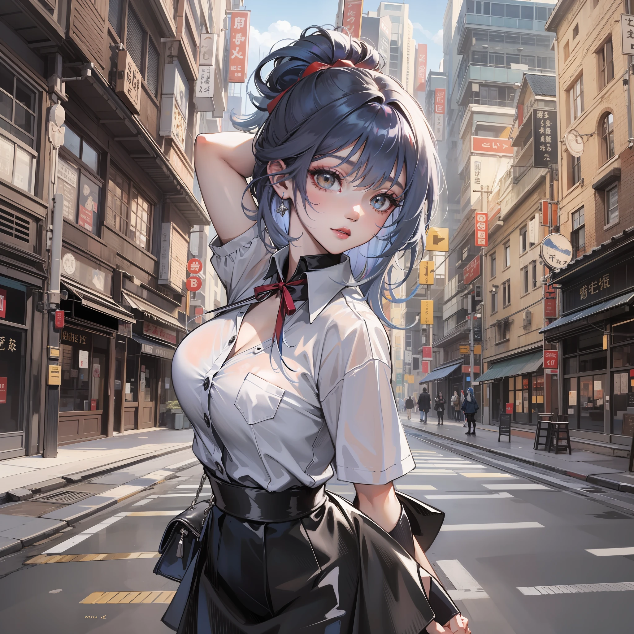 (((1个Giant Breast Girl)),Ray traching,(A faint dusk),[detailedbackground(road)),((blue hairs)),((blue hairs)),(((((Hair is fluffy blue hair,plump and slender girl))Wears a high ponytail)))Golden eyes on a flat road((((Girl wears white shirt,Black wrinkled skirt,Wear yours with black sheer pantyhose),It shows a delicate and slender figure and beautiful curves,Correct limbs,Put your hands behind your head,Put both hands behind your head,ssmile(orthofacial)