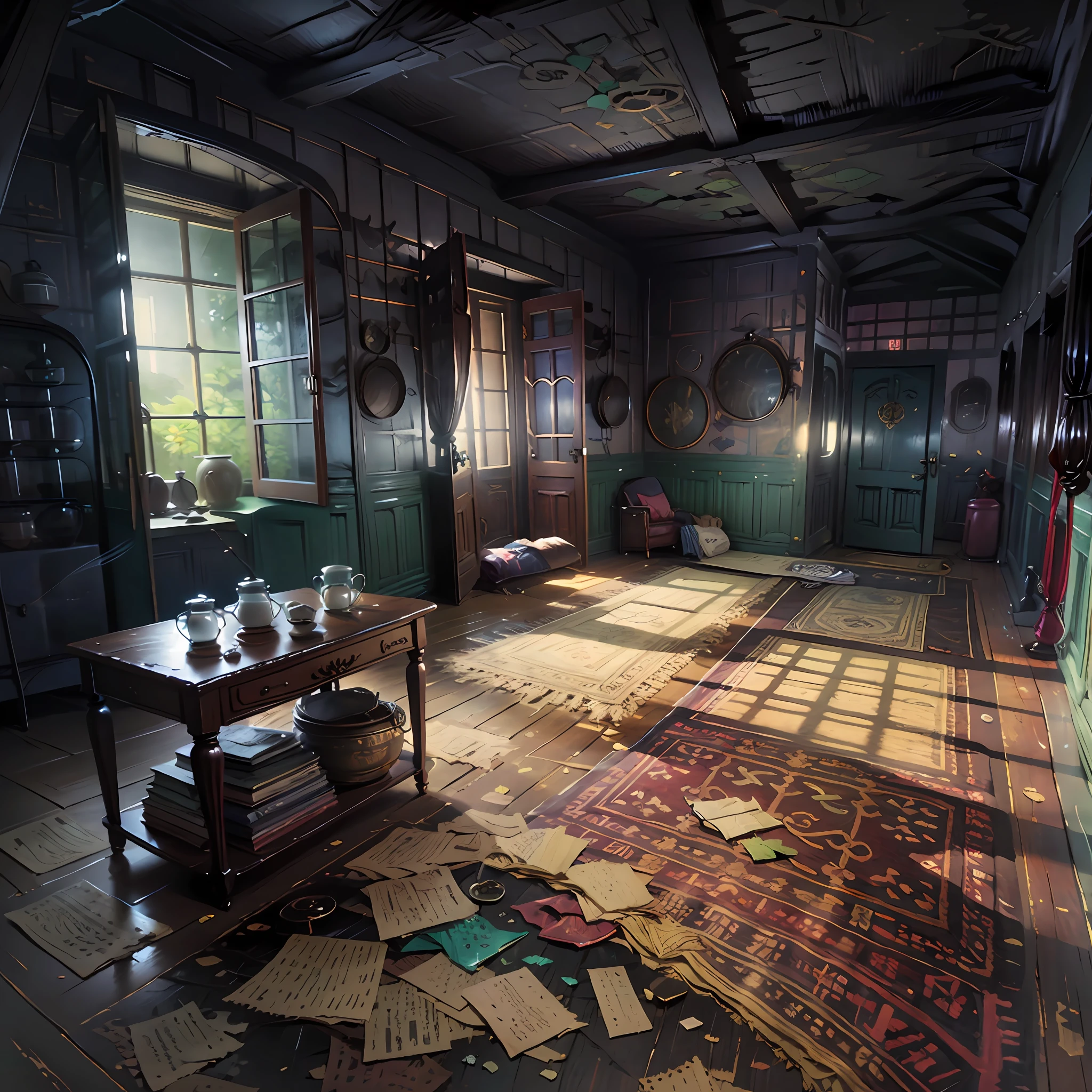 Computer-generated image, Clarity, detailing the interior of an old rich house, image: 7K, A detailed image of the interior of an old manor house, Detailed description of the old house, Dark streaks of sunlight illuminate the old wooden floor, Broken old furniture, furniture scattered around the room in the parts of the room, not a single whole detail, Pieces of furniture are scattered on the floor in the room, glass fragments, Broken window with torn curtains,Girl in a raincoat sitting on the floor, cinematic still, vignette, in the center, “Hyper-realistic textures," "Exact Details,” “Realistic still life,” “Realistic portraits,” “Realistic landscapes.“Hyper-realistic textures," "Exact Details,” “Realistic still life,” “Realistic portraits,” “Realistic landscapes."street fighter", Artstation, makoto sinkai, by stanley artgerm lau, WLOP, rossdraws "
