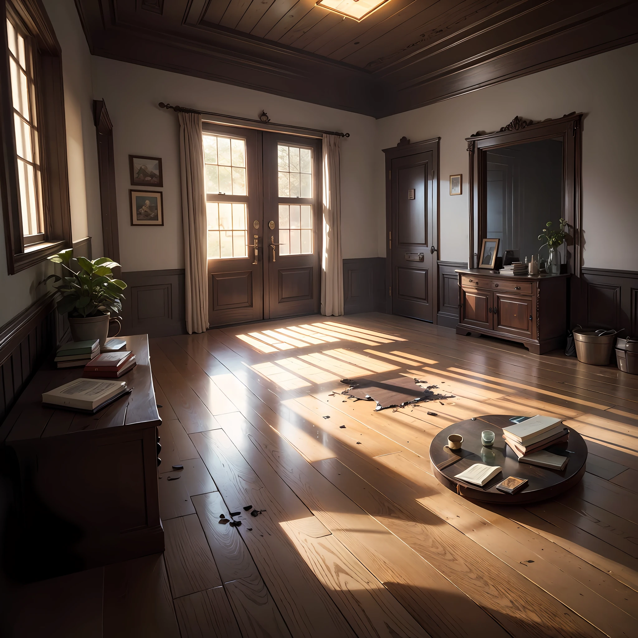 Computer-generated image, Clarity, detailing the interior of an old rich house, image: 7K, A detailed image of the interior of an old manor house, Detailed description of the old house, Dark streaks of sunlight illuminate the old wooden floor, Broken old furniture, furniture scattered around the room in the parts of the room, not a single whole detail, Pieces of furniture are scattered on the floor in the room, glass fragments, Broken window with torn curtains,Girl in a raincoat sitting on the floor, cinematic still, vignette, in the center, “Hyper-realistic textures," "Exact Details,” “Realistic still life,” “Realistic portraits,” “Realistic landscapes.“Hyper-realistic textures," "Exact Details,” “Realistic still life,” “Realistic portraits,” “Realistic landscapes."street fighter", Artstation, makoto sinkai, by stanley artgerm lau, WLOP, rossdraws "