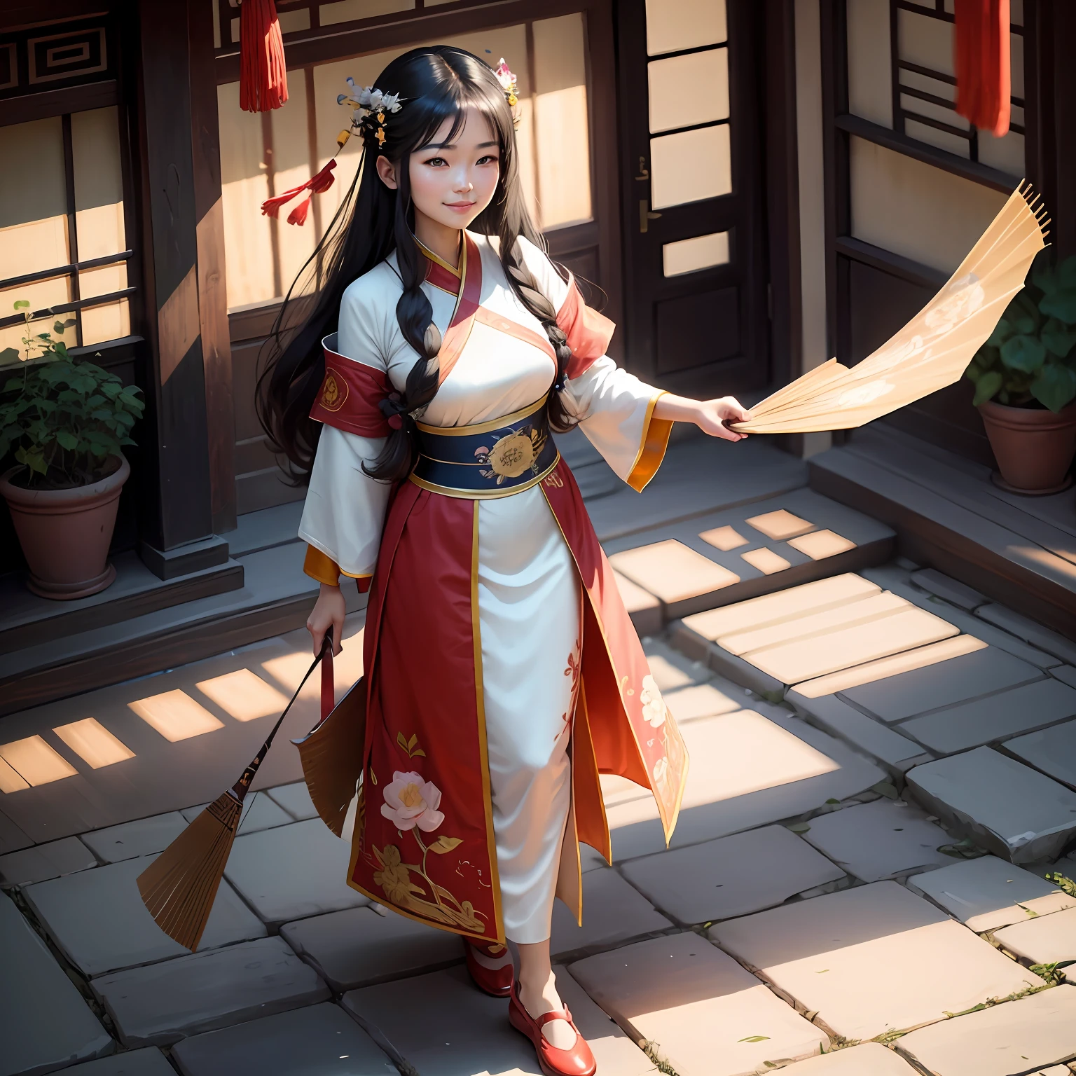 solo person,Beautuful Women,Tall and tall,Facial expression smile,largeeyes,二重まぶた,Chinese hairpins,Wear Chinese Hanfu,red color Hanfu,Wear Chinese embroidered cloth shoes,Fan in hand,Long black hair,chinese classic garden,The face is soft in light and shadow,Arms open,The shoes are cloth shoes,Hefty Smile
