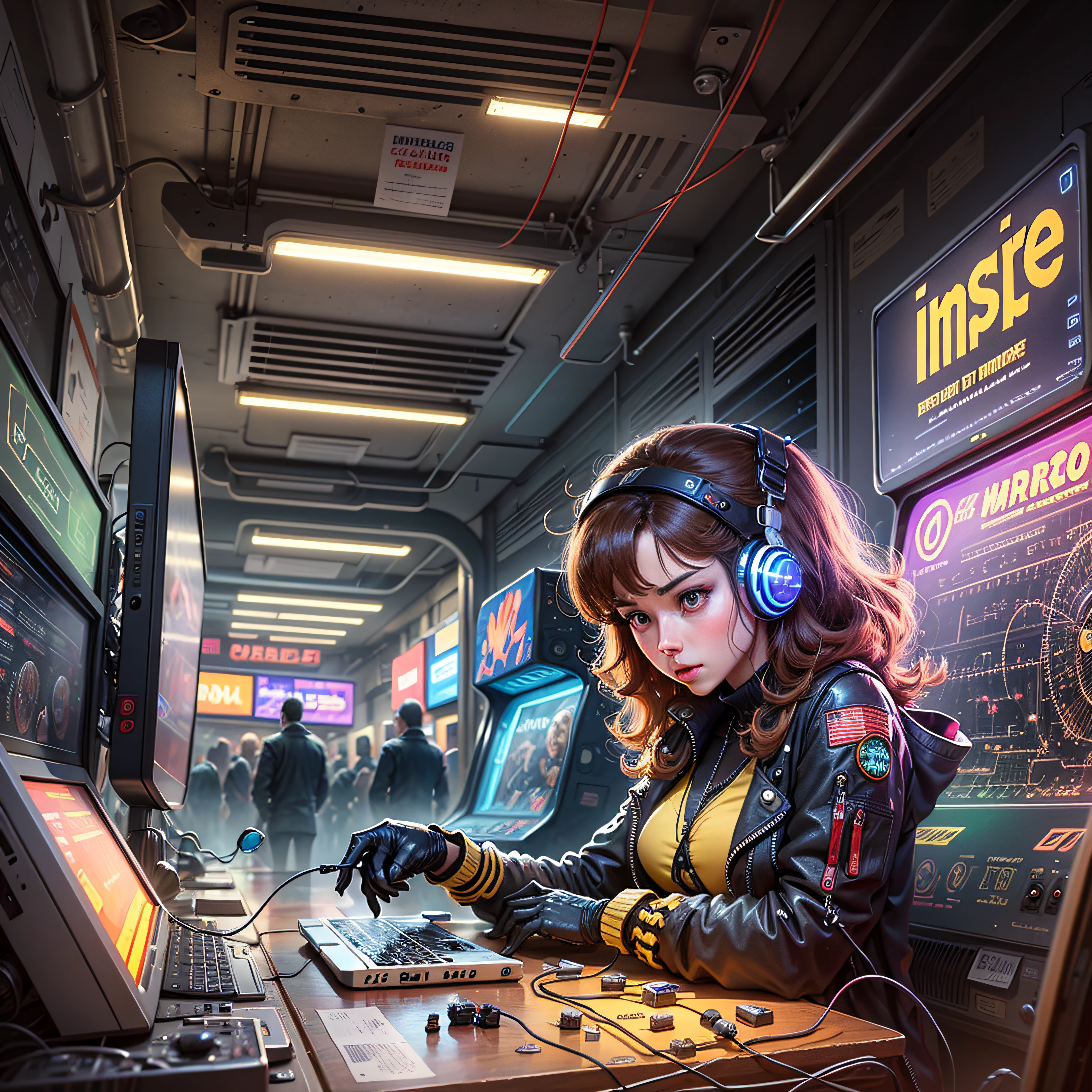 A retrofuturism scene of an arcade wired mess on macbook, mechanical delay, wiring components, ultrago austin metal wiring, iris van Buren, Karol Bak, Kiichi Obituary by Beksinski, david falls fanart gadget machine