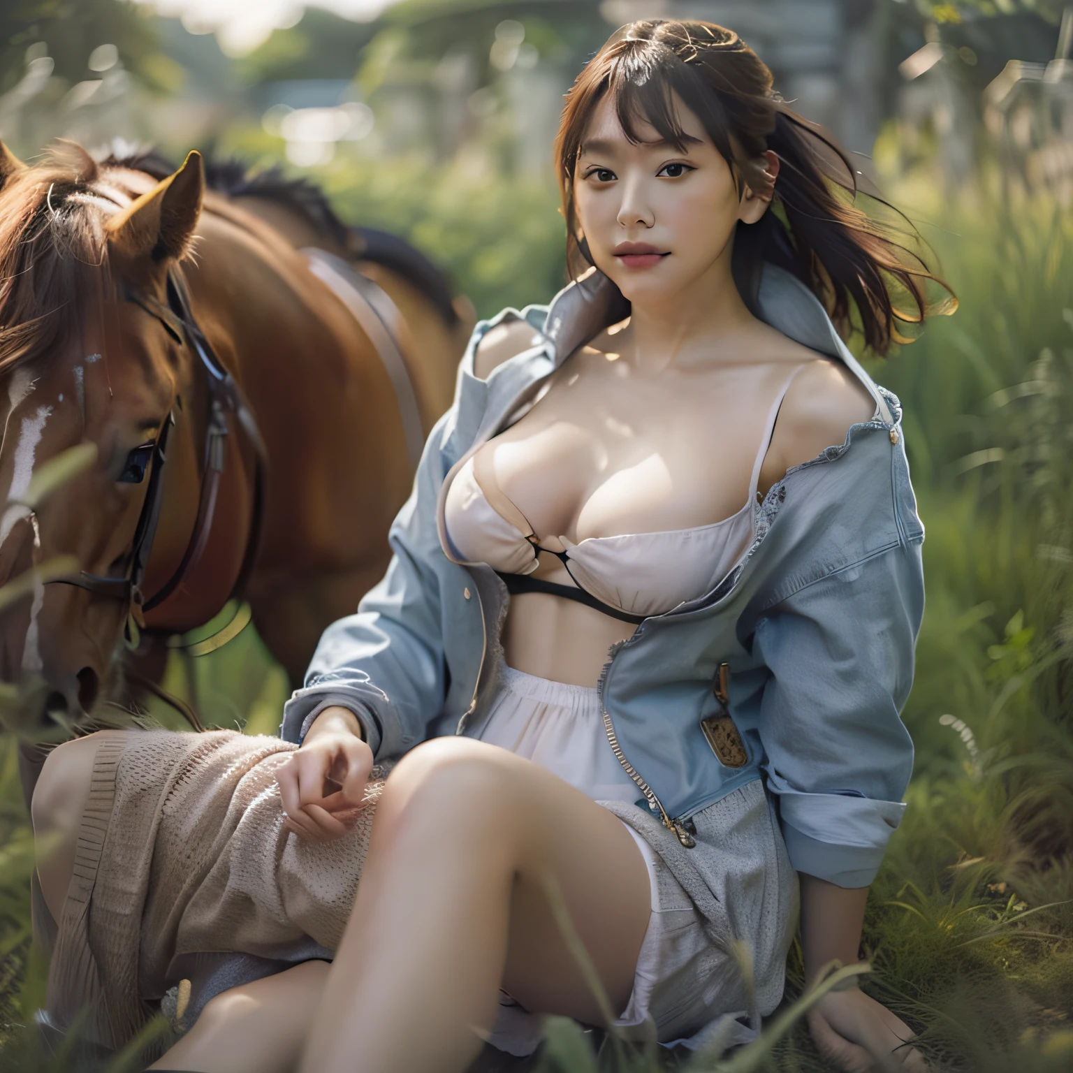(8K、Raw photography、top-quality、​masterpiece:1.2)、(realisitic、Photorealsitic:1.37)、top-quality、超A high resolution、Best Quality, Head:1.3, finely detailed skin, Sharp Focus, Soft lighting, Dynamic Angle, [:(Detailed face:1.2):0.2], large full breasts,Riding a horse, Outside,swim wears,maikurobikini,In the grass