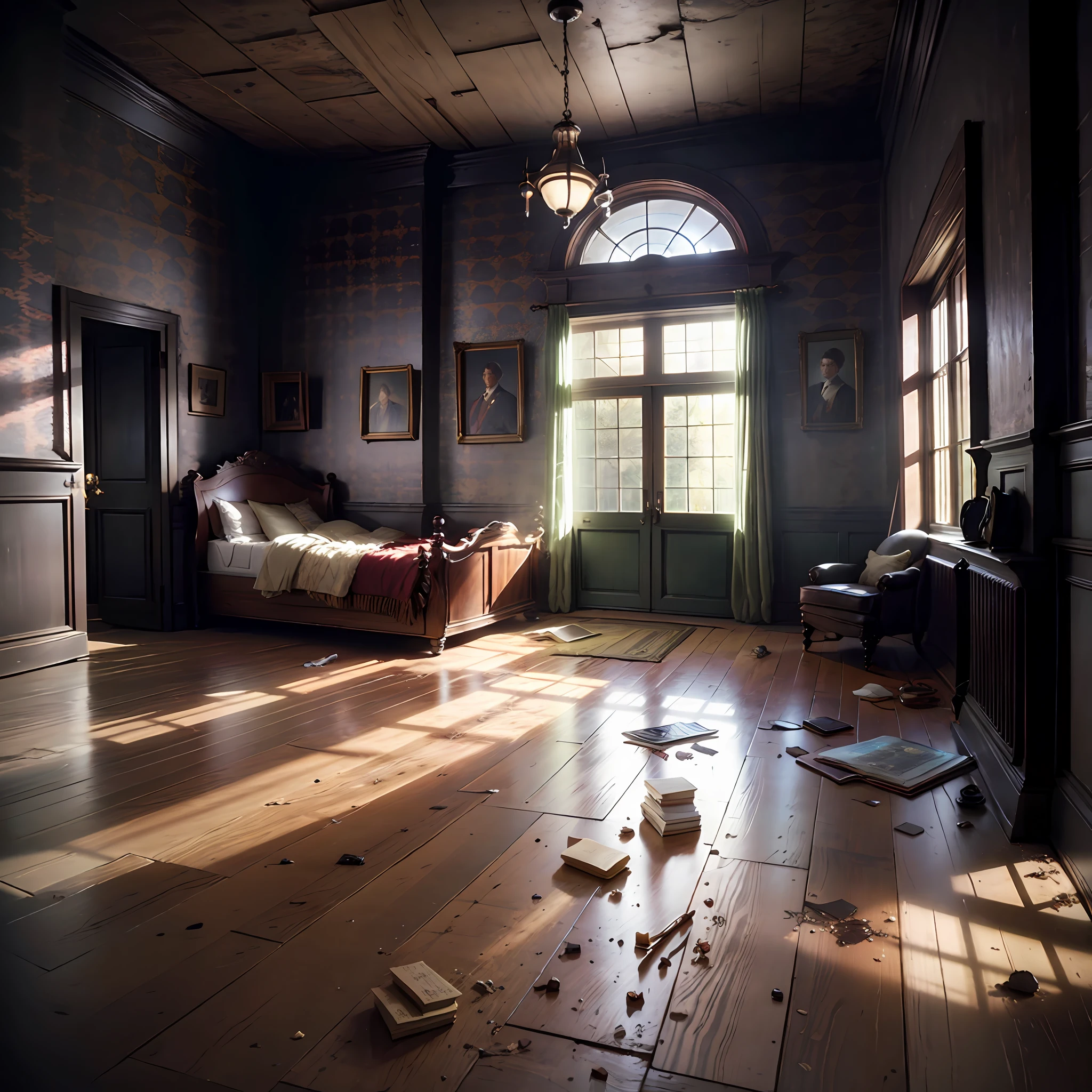 Computer-generated image, Clarity, detailing the interior of an old rich house, image: 7K, A detailed image of the interior of an old manor house, Detailed description of the old house, Dark streaks of sunlight illuminate the old wooden floor, Broken old furniture, furniture scattered around the room in the parts of the room, not a single whole detail, Pieces of furniture are scattered on the floor in the room, glass fragments, Broken window with torn curtains,Girl in a raincoat sitting on the floor, cinematic still, vignette, in the center, “Hyper-realistic textures," "Exact Details,” “Realistic still life,” “Realistic portraits,” “Realistic landscapes.“Hyper-realistic textures," "Exact Details,” “Realistic still life,” “Realistic portraits,” “Realistic landscapes."street fighter", Artstation, makoto sinkai, by stanley artgerm lau, WLOP, rossdraws "