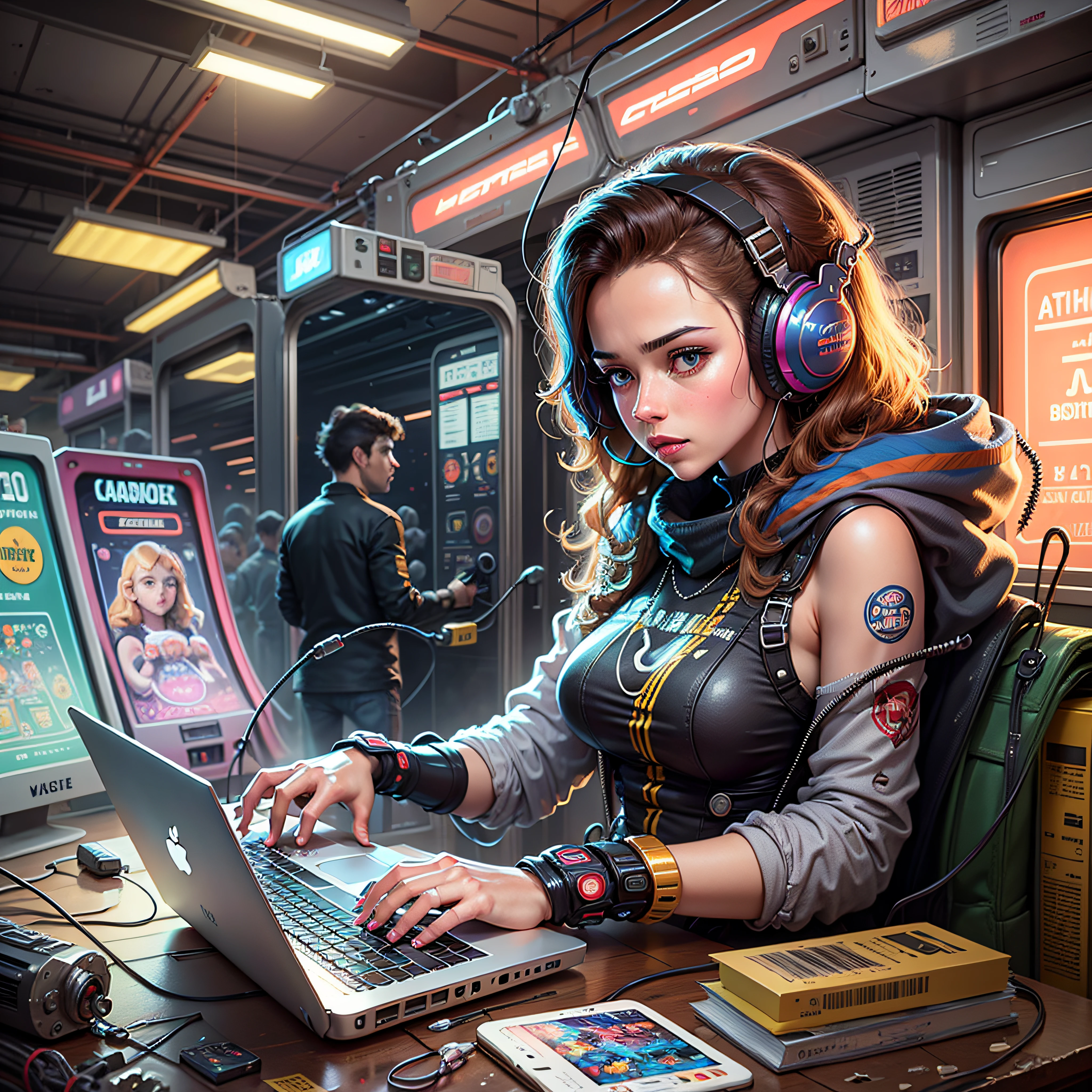 A retrofuturism scene of an arcade wired mess on macbook, mechanical delay, wiring components, ultrago austin metal wiring, iris van Buren, Karol Bak, Kiichi Obituary by Beksinski, david falls fanart gadget machine