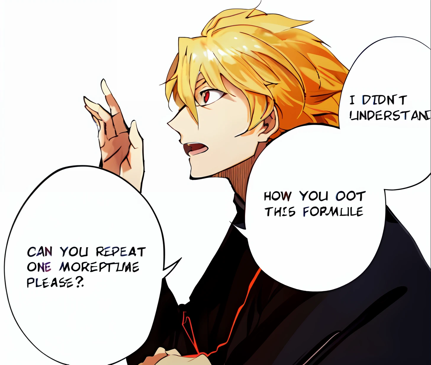 a anime of a man with blonde hair from side view, side view, raise one hands, red eyes, black shirt uniform school, open mouth, text bubble speech, color manga, manga color, color manga, color manga panel, simple background, a white background