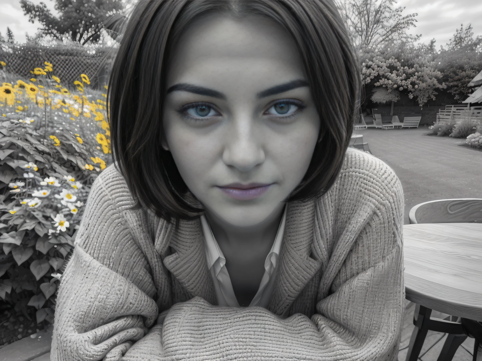 CHARACTER: (01 Canadian woman | striking resemblance to Monia Chokri | 42years old | alone | wearing casual clothes | beautiful face | best eyes | penetrative eyes | best mouth | perfect face ) ACTION: (she is having breakfast) PLACE (in the garden | flowers | wooden table) QUALITY: (masterpice | UHD 12K | photo realism | real texture | natural light | dramatic photo | analog) EFFECTS: (monochrome photography | black and white | greyscale | film grain | white balances | deep black | equalized exposure | sharp focus ) EQUIPMENT: (Nikon DSLR D750 120mm lens| Fujifilm Fuji Color PRO400H) P. O.V.: (profile shot | full shot )